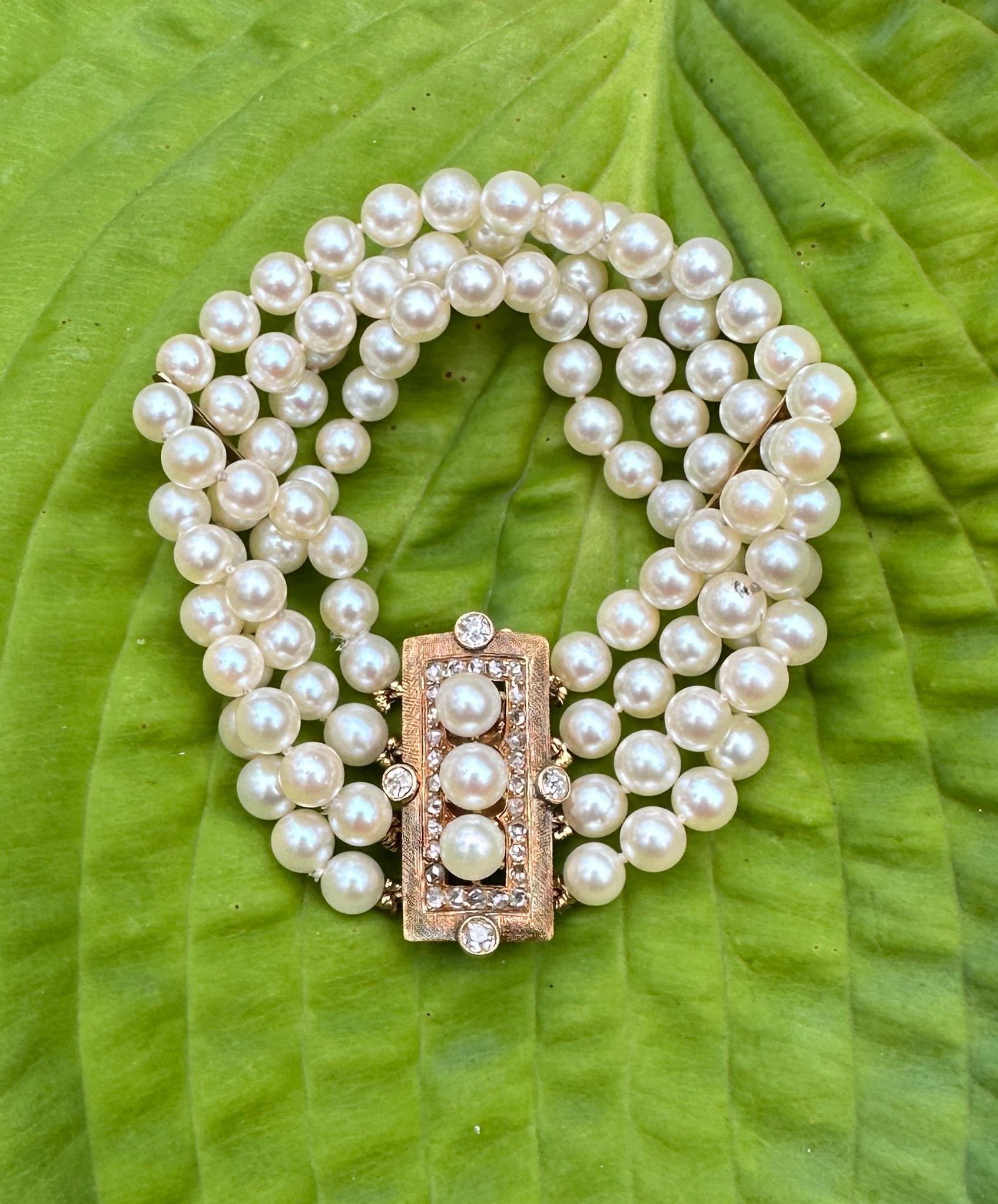 Old Mine Cut Old Mine Rose Cut Diamond Pearl Bracelet Antique Victorian Art Deco 14K Gold For Sale