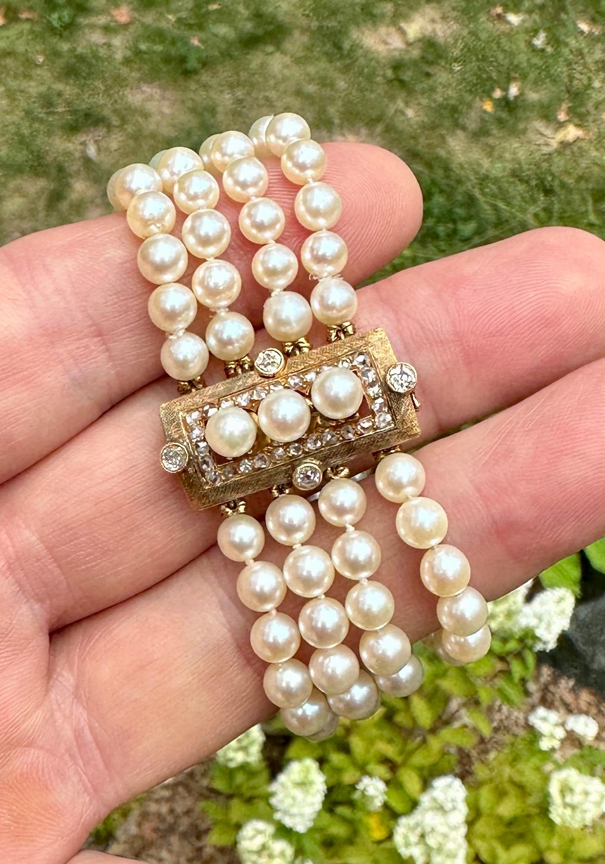 Old Mine Rose Cut Diamond Pearl Bracelet Antique Victorian Art Deco 14K Gold In Excellent Condition For Sale In New York, NY