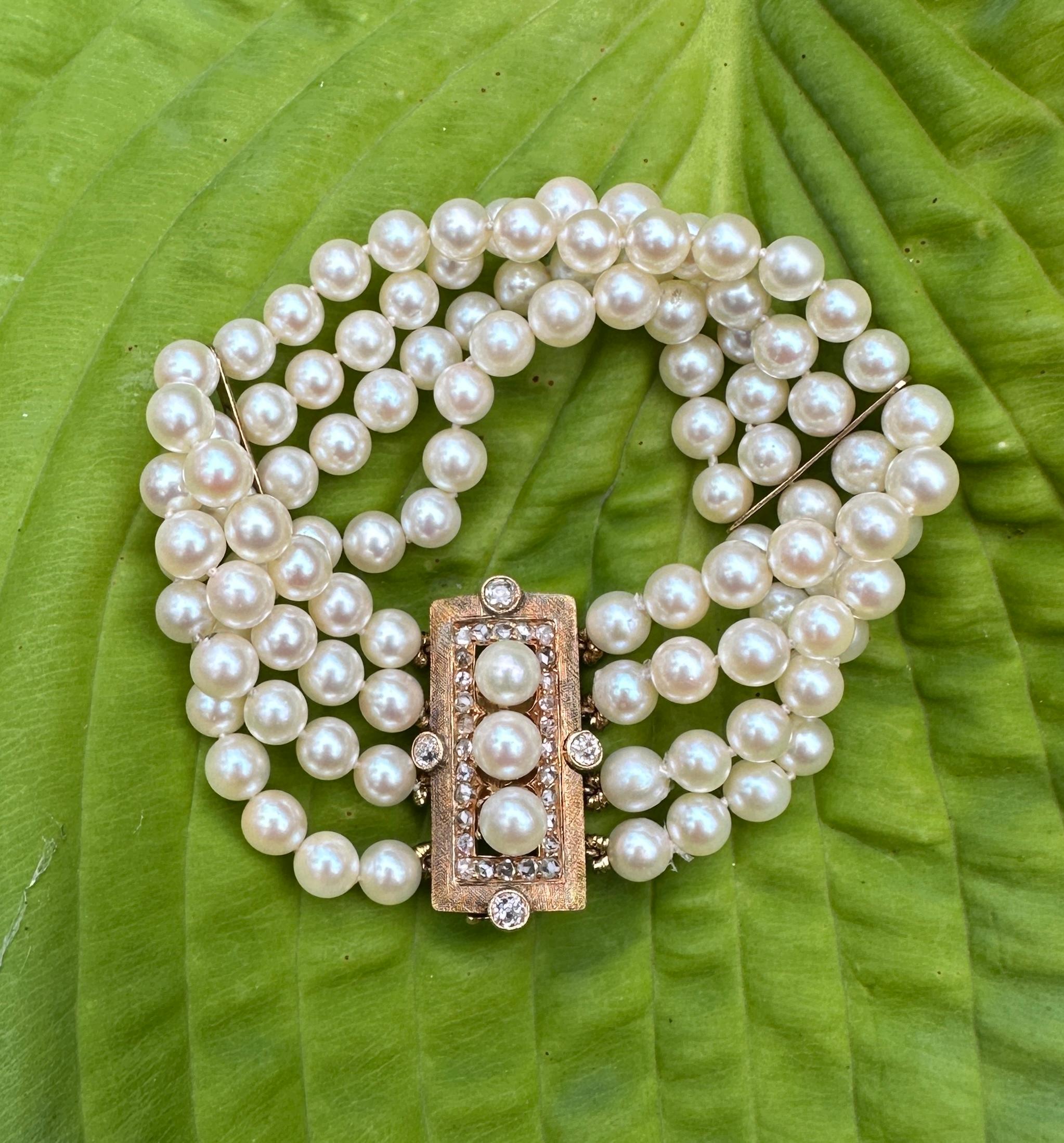 Women's Old Mine Rose Cut Diamond Pearl Bracelet Antique Victorian Art Deco 14K Gold For Sale