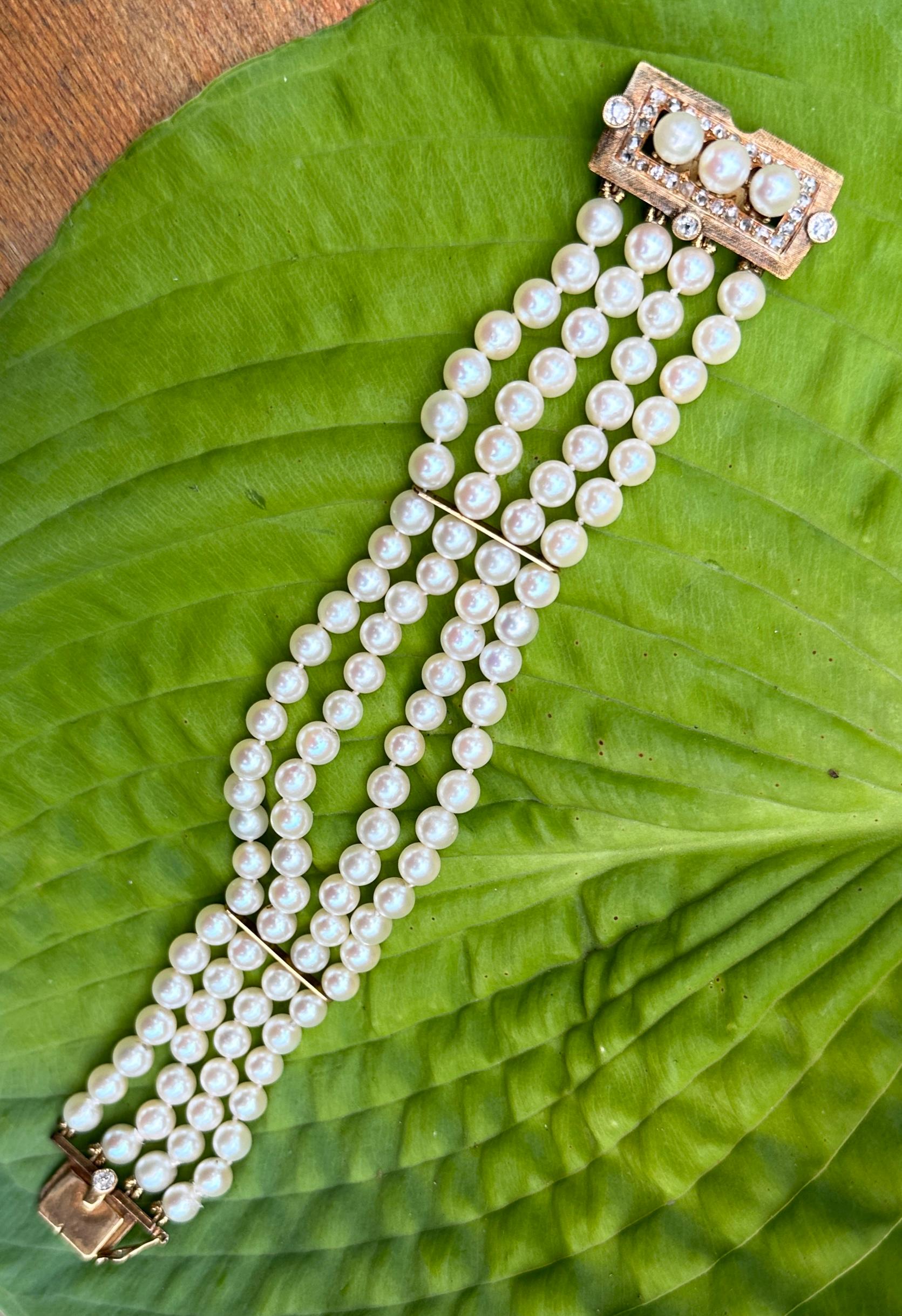 Old Mine Rose Cut Diamond Pearl Bracelet Antique Victorian Art Deco 14K Gold For Sale 1