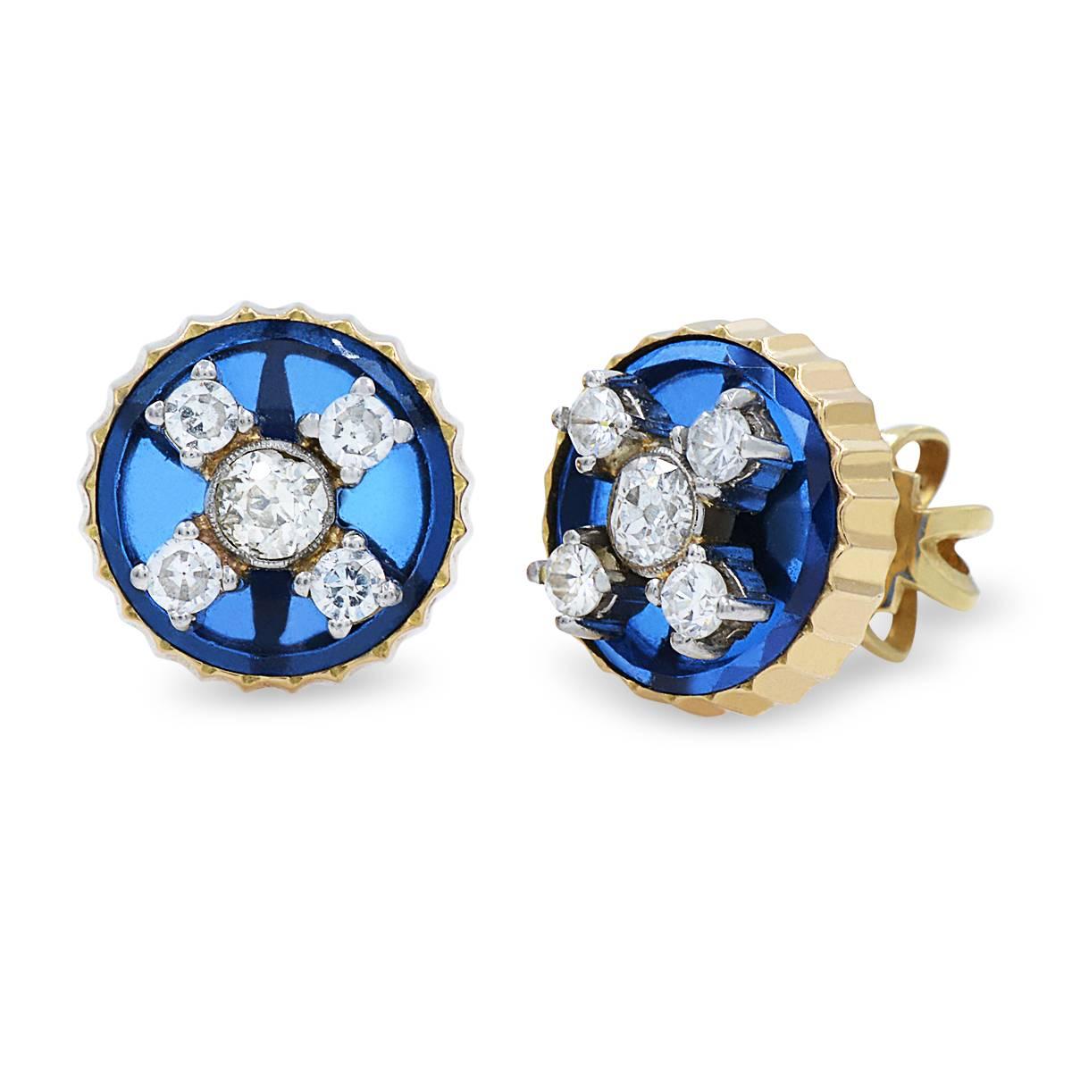 Ladies diamond stud earrings crafted in yellow gold and platinum. Set with old euro and old mine diamonds. 

Earring width: 14mm
Diamond Carat Weight: 1.05cts (approx.)
Backing: Push Backs 


