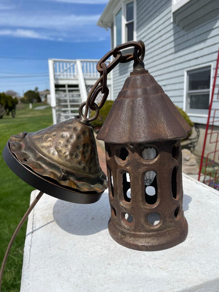 Old Mission Arts & Crafts Antique Iron Ceiling Pendant Lantern For Sale 8