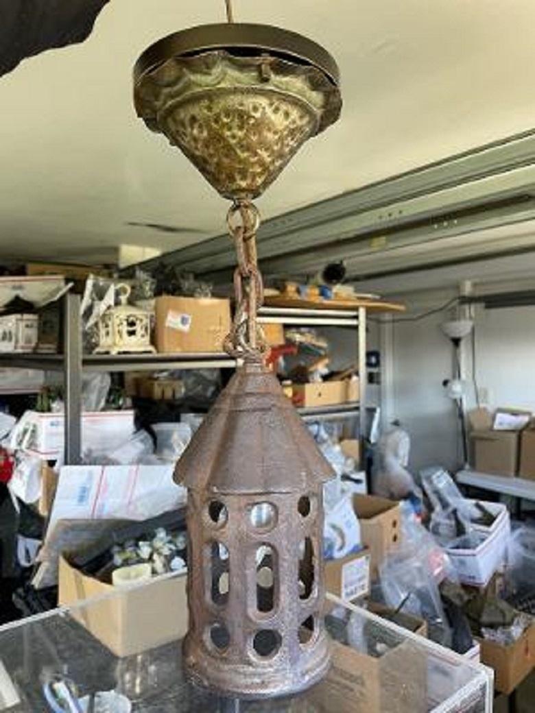 Arts and Crafts Old Mission Arts & Crafts Antique Iron Ceiling Pendant Lantern For Sale
