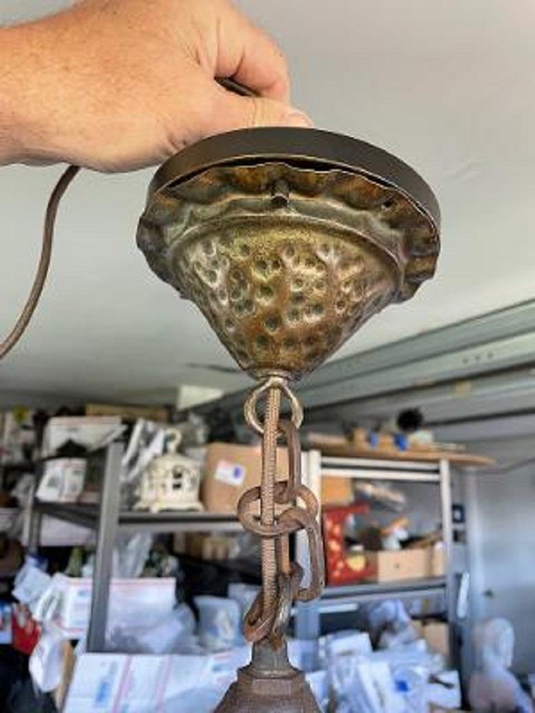 American Old Mission Arts & Crafts Antique Iron Ceiling Pendant Lantern For Sale
