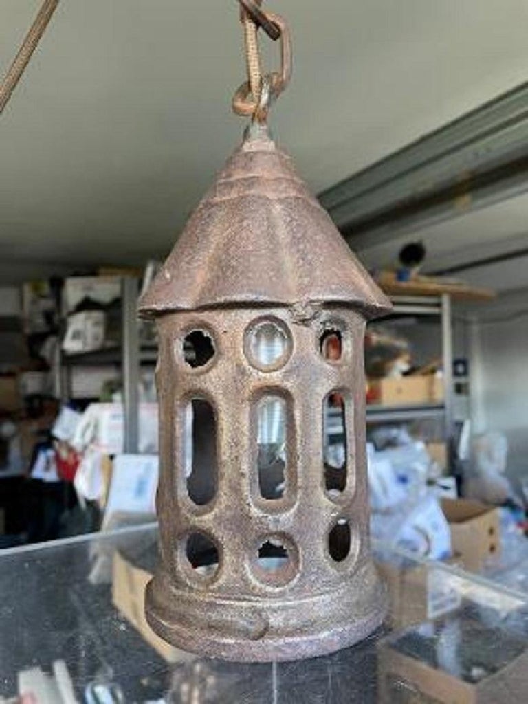 Hand-Crafted Old Mission Arts & Crafts Antique Iron Ceiling Pendant Lantern For Sale