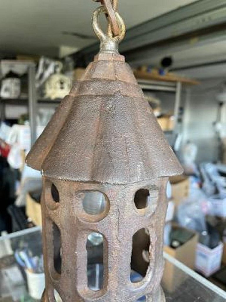 Old Mission Arts & Crafts Antique Iron Ceiling Pendant Lantern For Sale 1