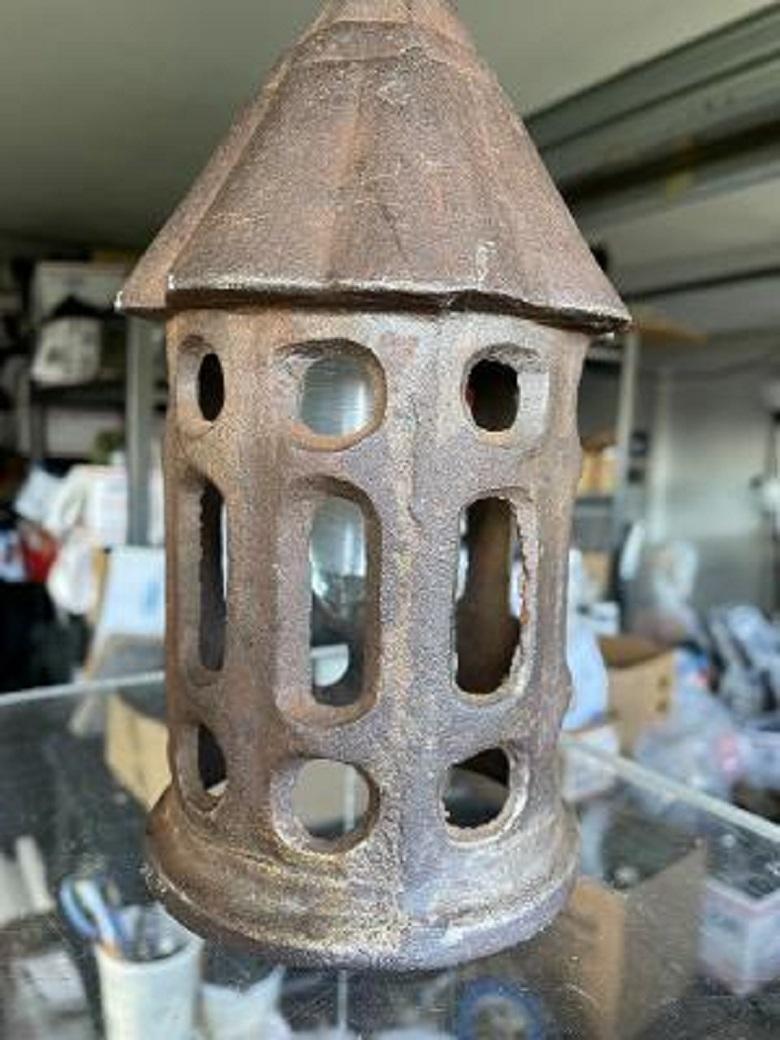 Old Mission Arts & Crafts Antique Iron Ceiling Pendant Lantern For Sale 2