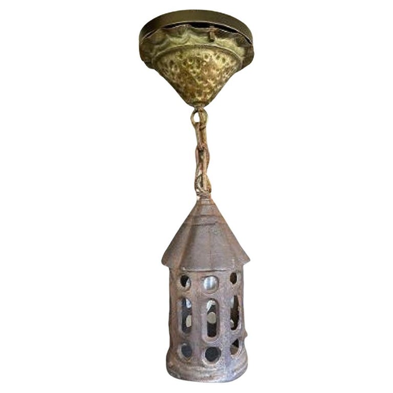 Old Mission Arts & Crafts Antique Iron Ceiling Pendant Lantern For Sale
