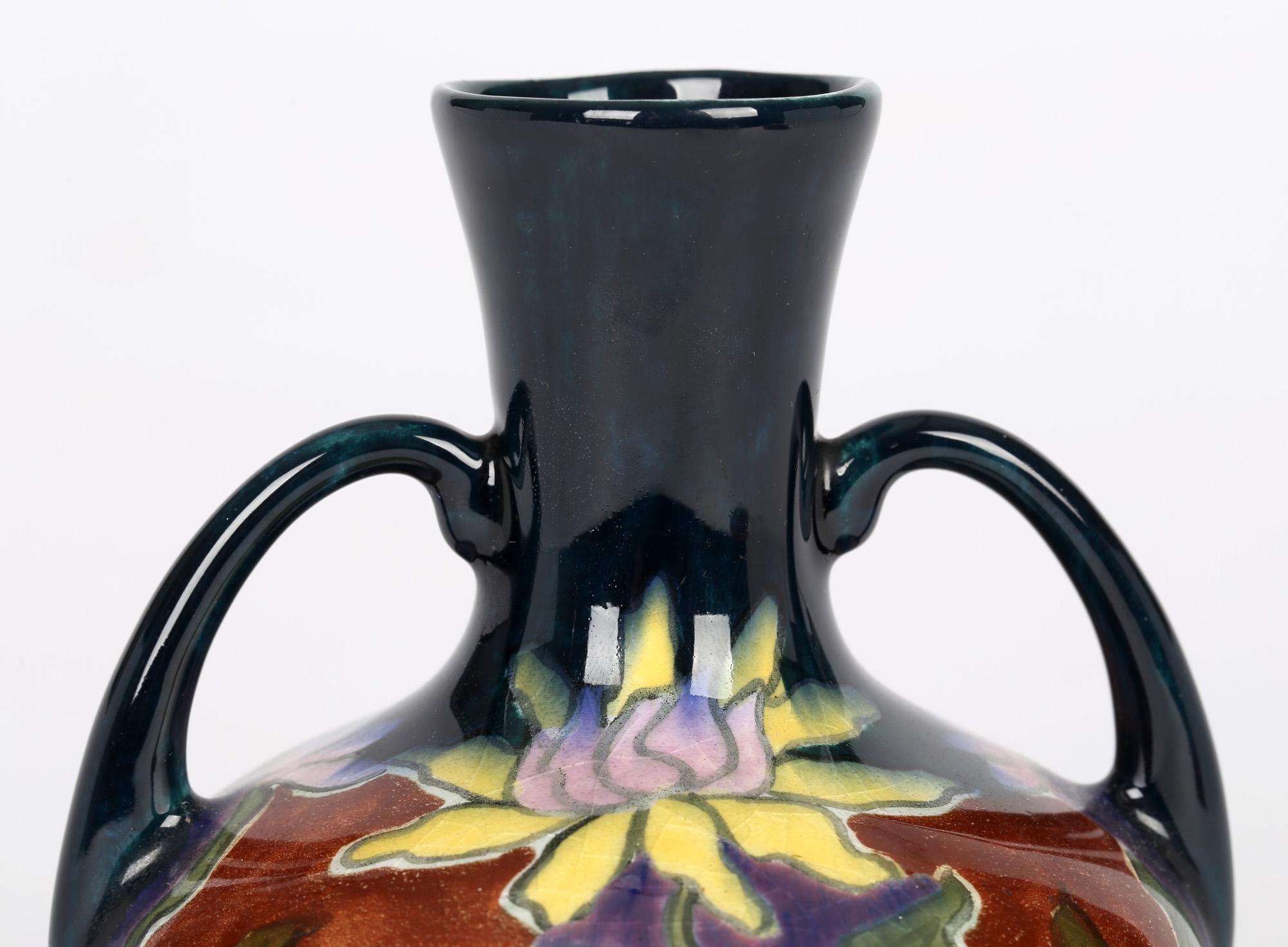 Old Moravian Austrian Art Nouveau Floral Painted Twin Handled Vase For Sale 1