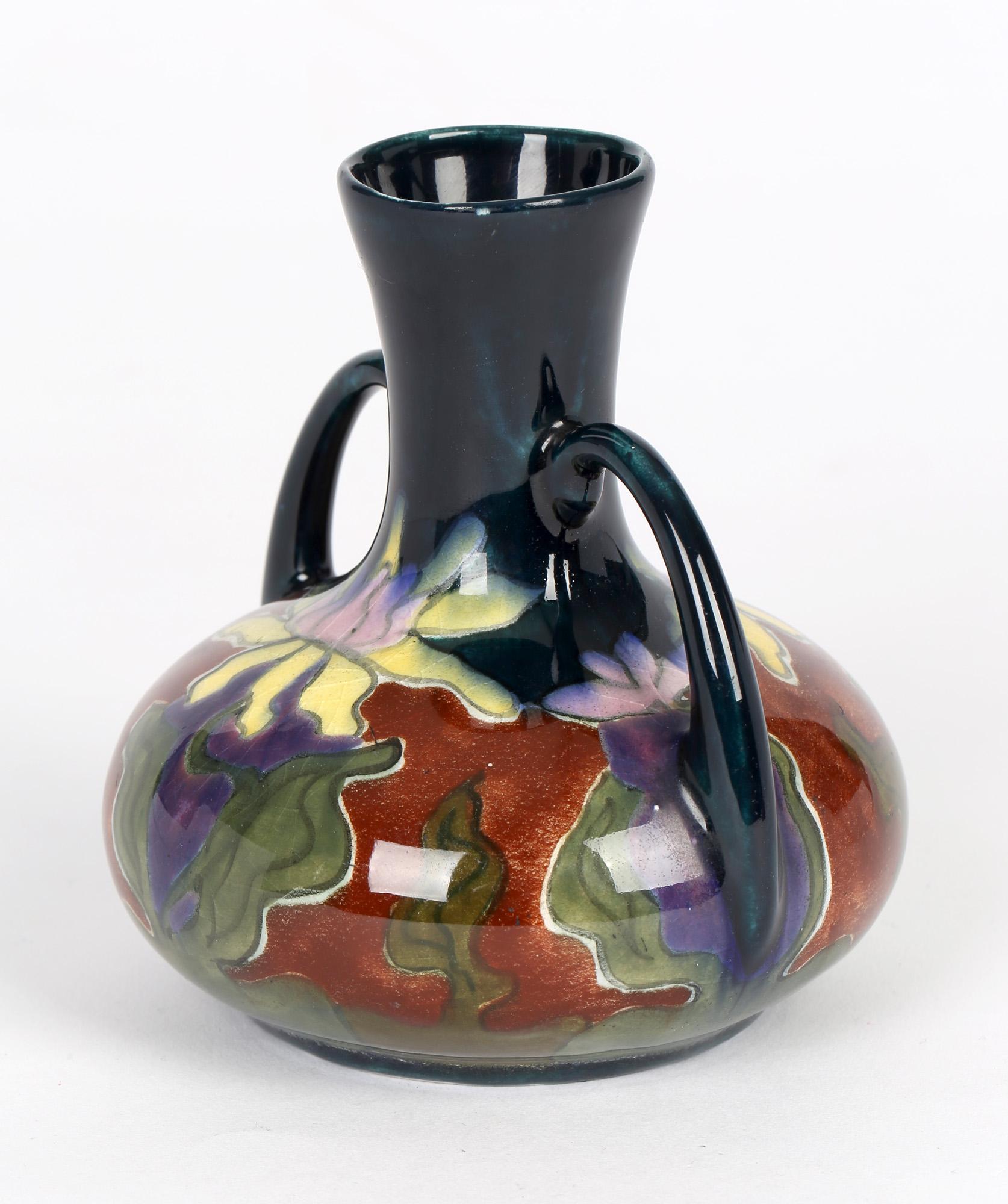 Pottery Old Moravian Austrian Art Nouveau Floral Painted Twin Handled Vase For Sale
