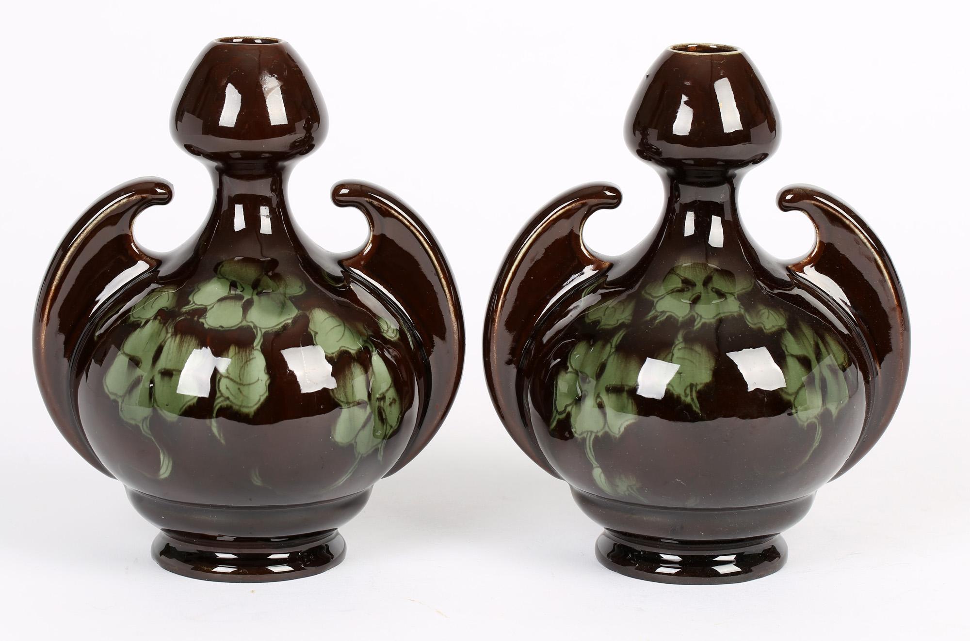 Old Moravian Pair of Art Nouveau Austrian Leaf Pattern Twin Handled Vases 7