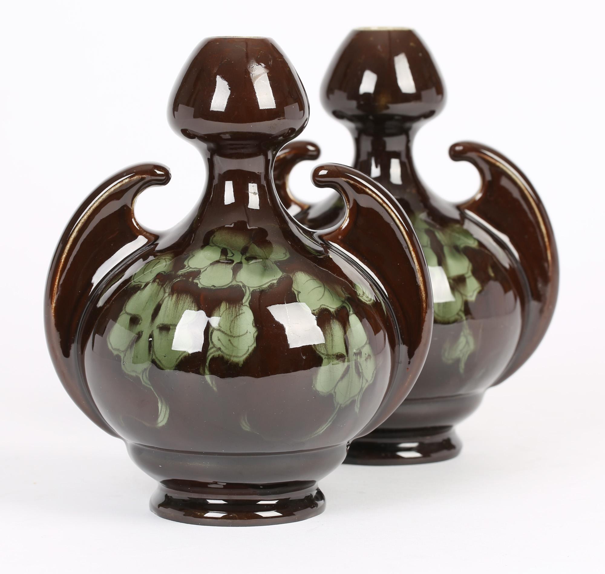 Old Moravian Pair of Art Nouveau Austrian Leaf Pattern Twin Handled Vases 8