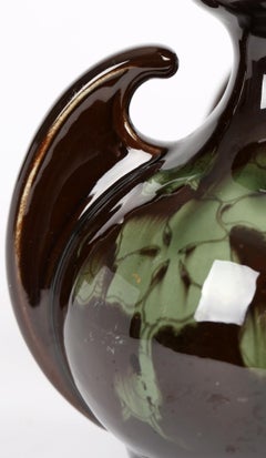 Old Moravian Pair of Art Nouveau Austrian Leaf Pattern Twin Handled Vases