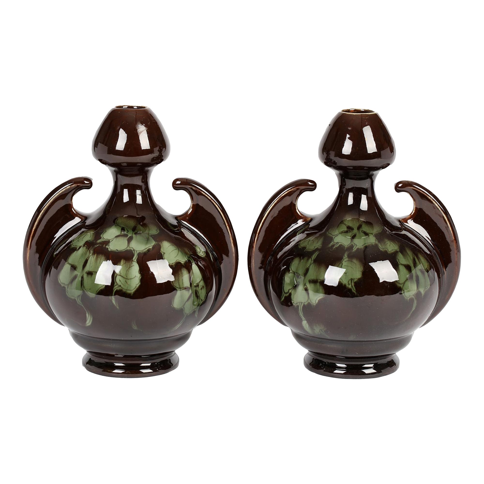 Old Moravian Pair of Art Nouveau Austrian Leaf Pattern Twin Handled Vases