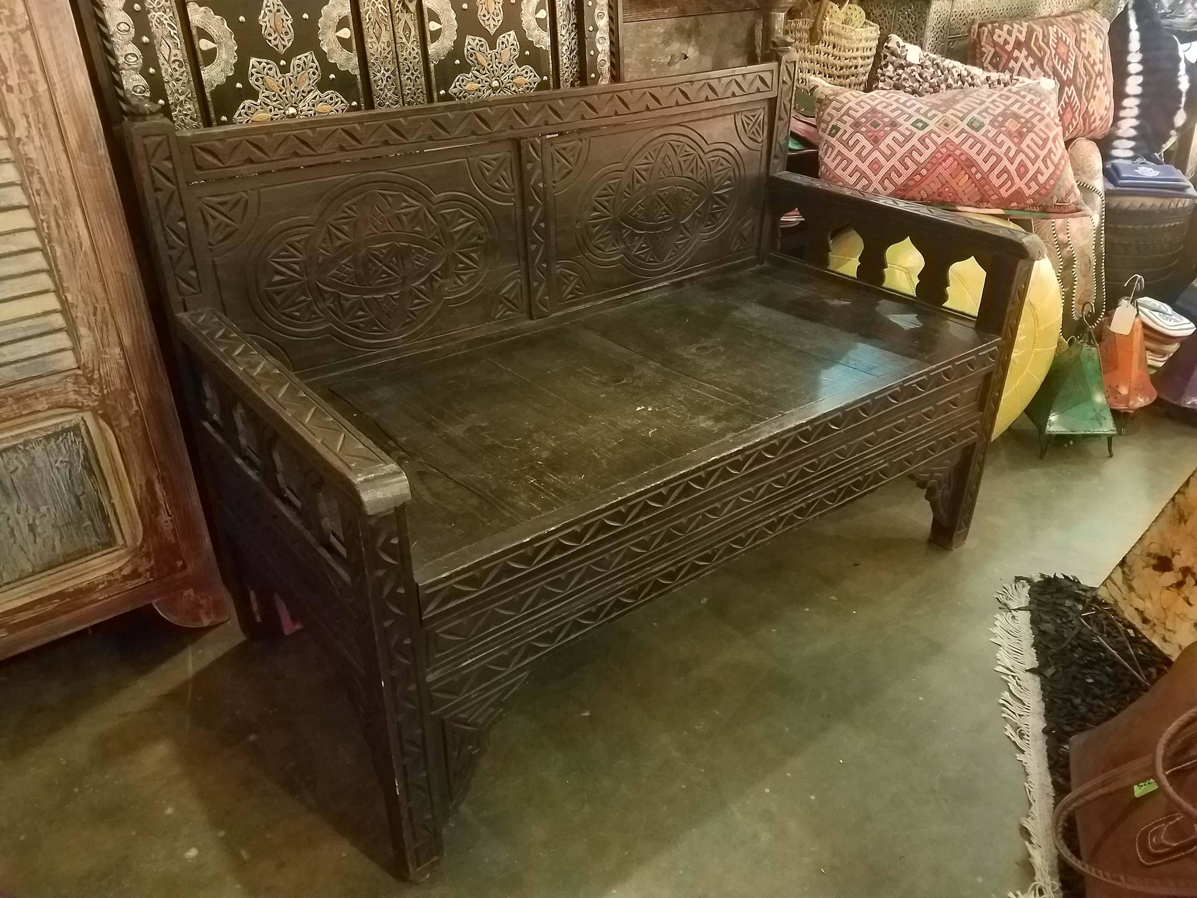 Old Moroccan Hand-Carved Wooden Bench, Cedar Wood In Good Condition In Orlando, FL