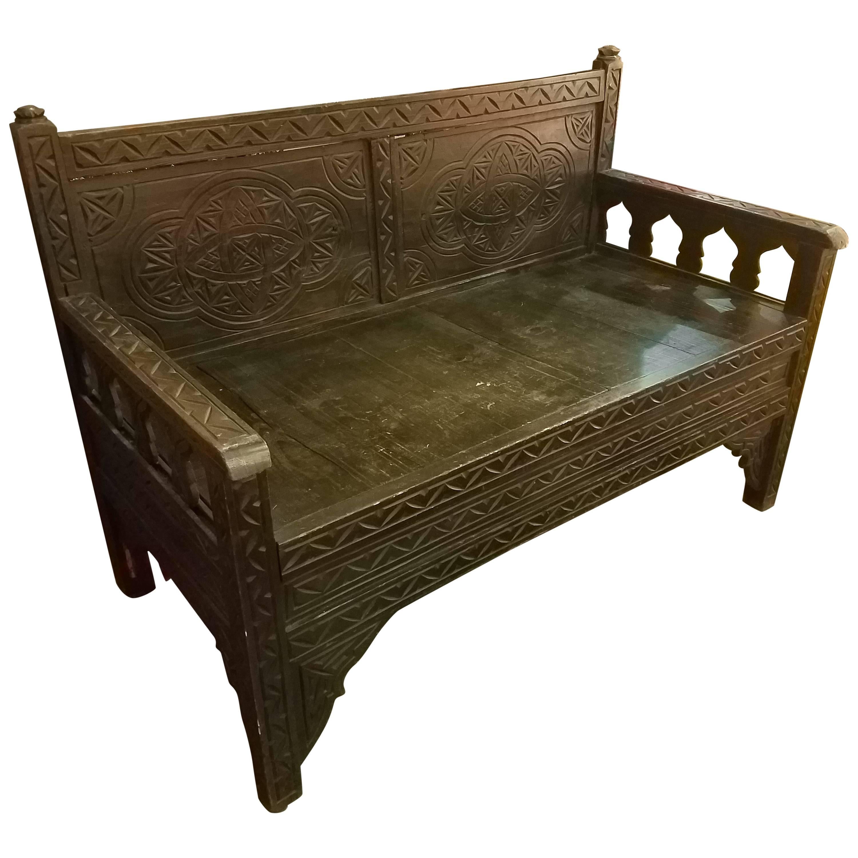 Old Moroccan Hand-Carved Wooden Bench, Cedar Wood