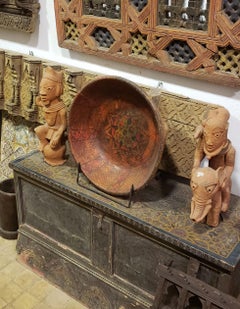 Old Moroccan Hand Painted Wooden Plate, Antique Red