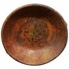 Old Moroccan Hand Painted Wooden Plate, Vintage Red