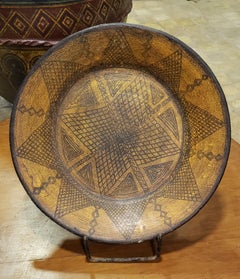 Old Moroccan Hand Painted Wooden Plate, Antique Yellow