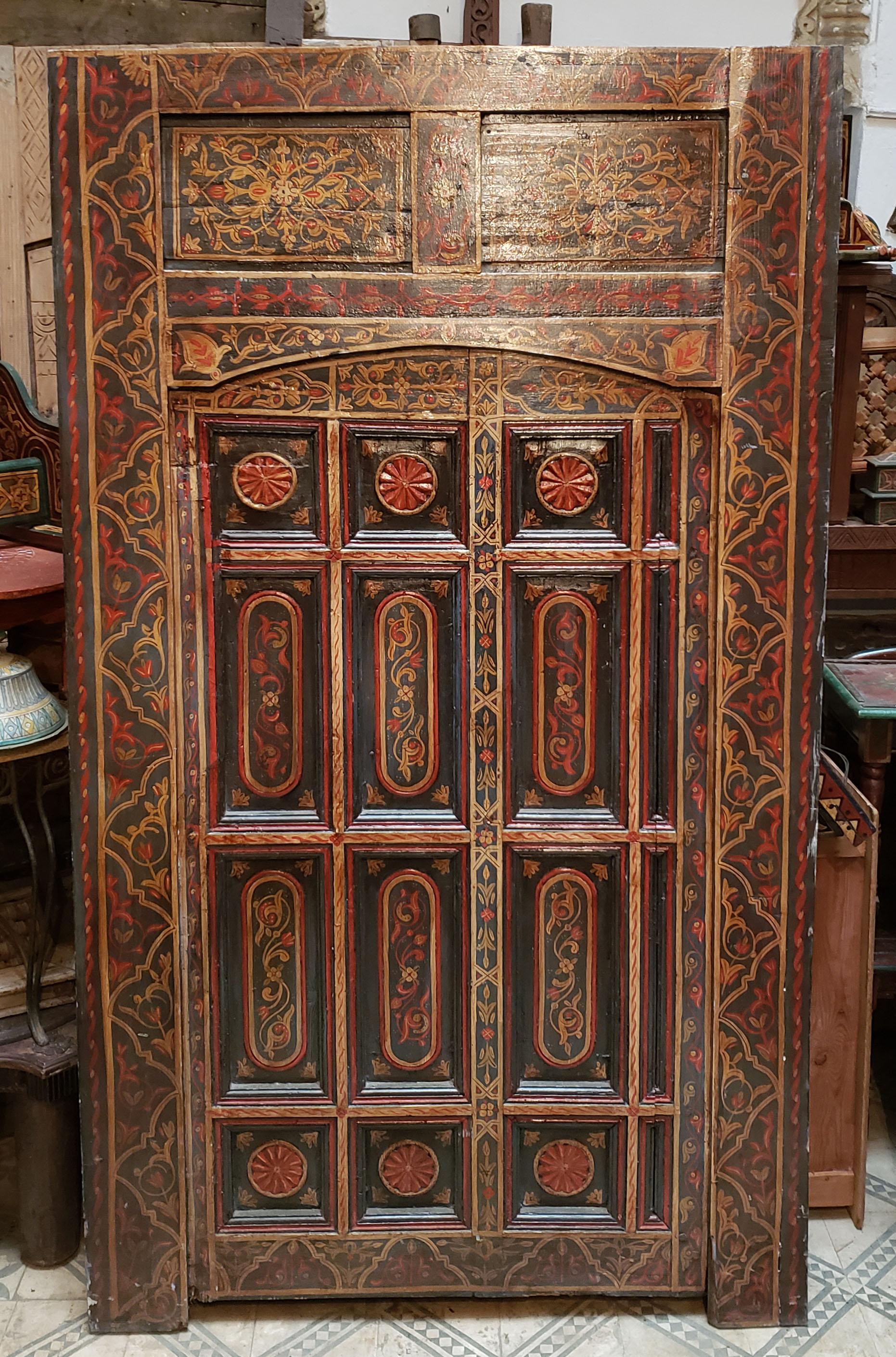 Carved Old Multi-Color Moroccan Wooden Door, 23MD42 For Sale