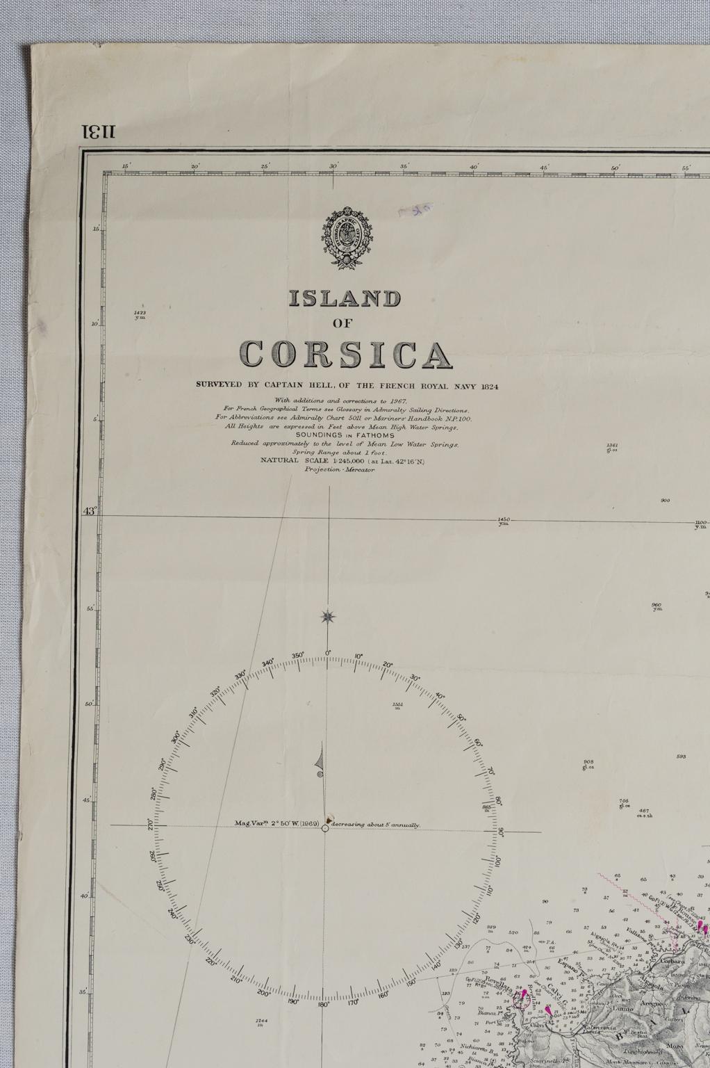 ST/556/1 - Old map of Corsica isle, surveyed by Captain Hell, of the French Royal Navy in 1824, engraved and published on 1874, with additions and corrections to 1967-68-69 projection - Mercator - Printed August 1970.