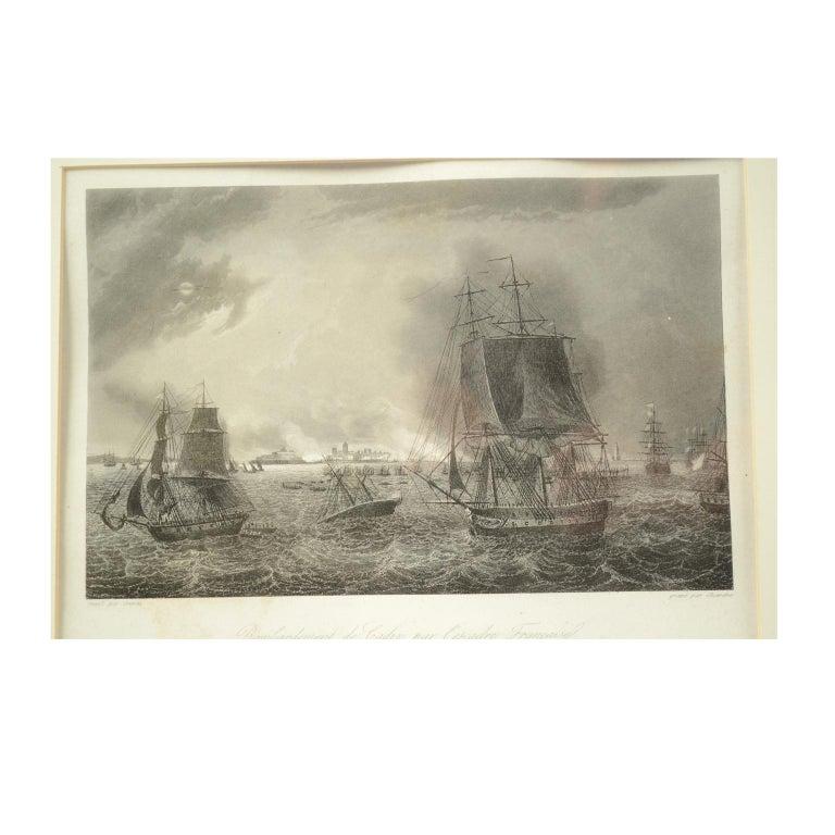 Estampe par gravure sur plaque de cuivre de la première moitié du XIXe siècle, représentant le bombardement de Cadix par la marine française, le 23 septembre 1823. L'épreuve est signée peint par Crepin - gravé par Chauvane. Très bon état. Avec cadre