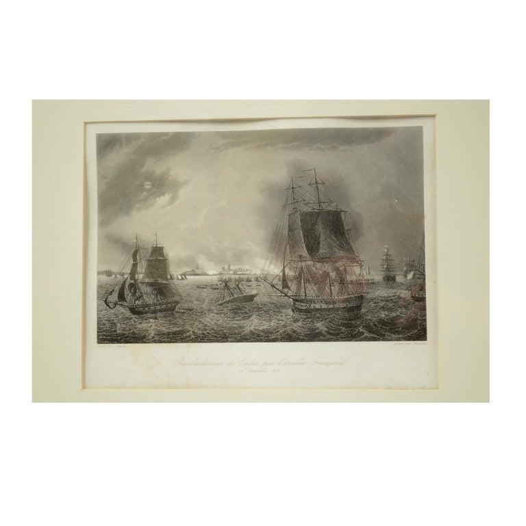 Milieu du XIXe siècle Ancienne estampe nautique représentant le bombardement de Cadiz par la marine française, 1823 en vente