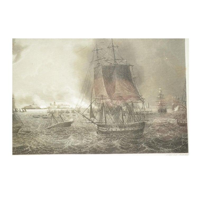 Papier Ancienne estampe nautique représentant le bombardement de Cadiz par la marine française, 1823 en vente