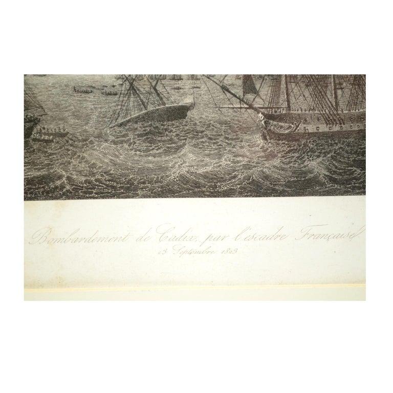 Ancienne estampe nautique représentant le bombardement de Cadiz par la marine française, 1823 en vente 1