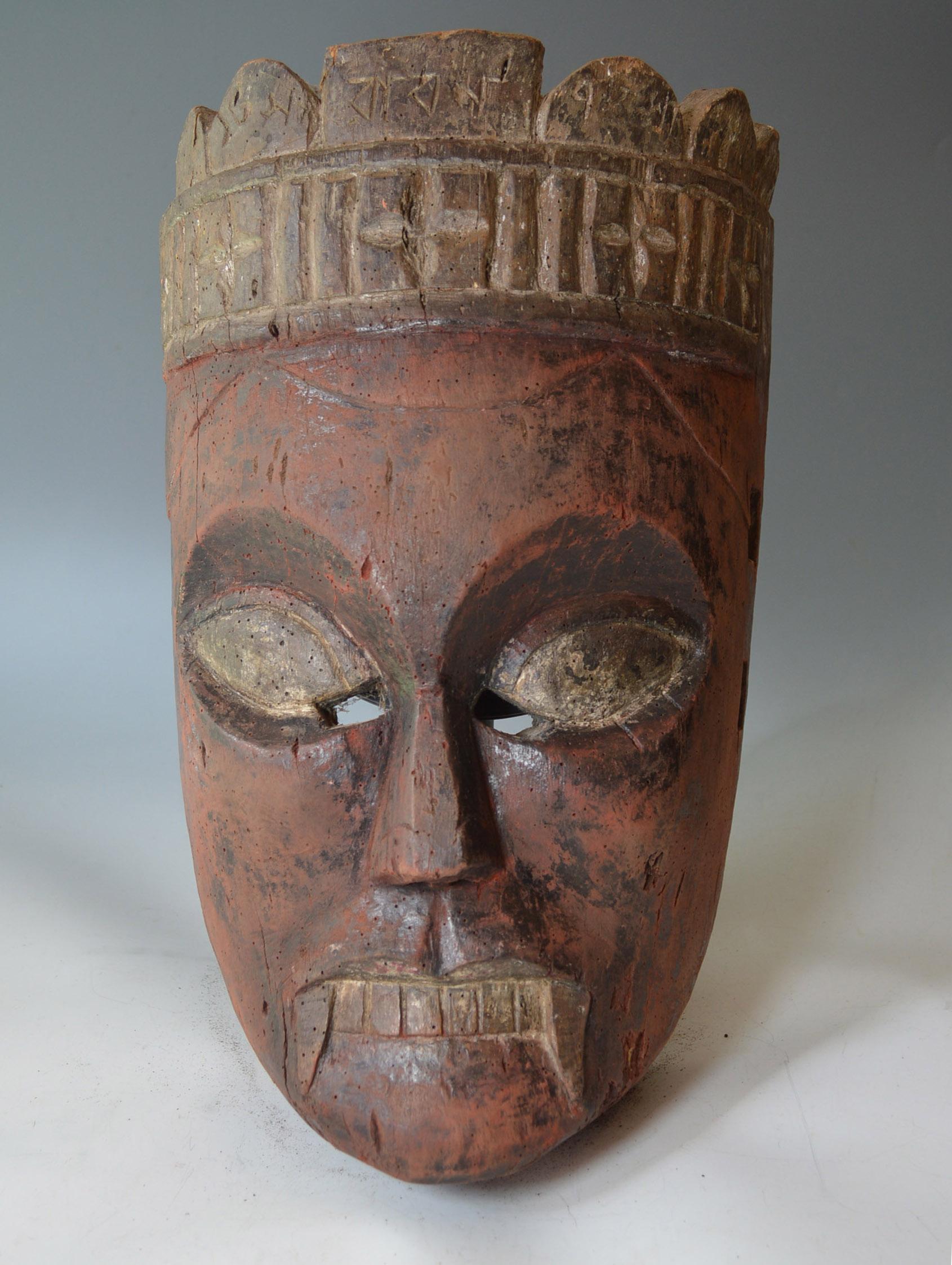 A old Nepalese ritual festival mask of kali,
These type of masks are used in the Durga puja festivals and represents Kali a aspect of the god Durga,
Period early 20th century, from a Uk collection.
Hard wood with poly-chrome paint
Size: 42 x 25