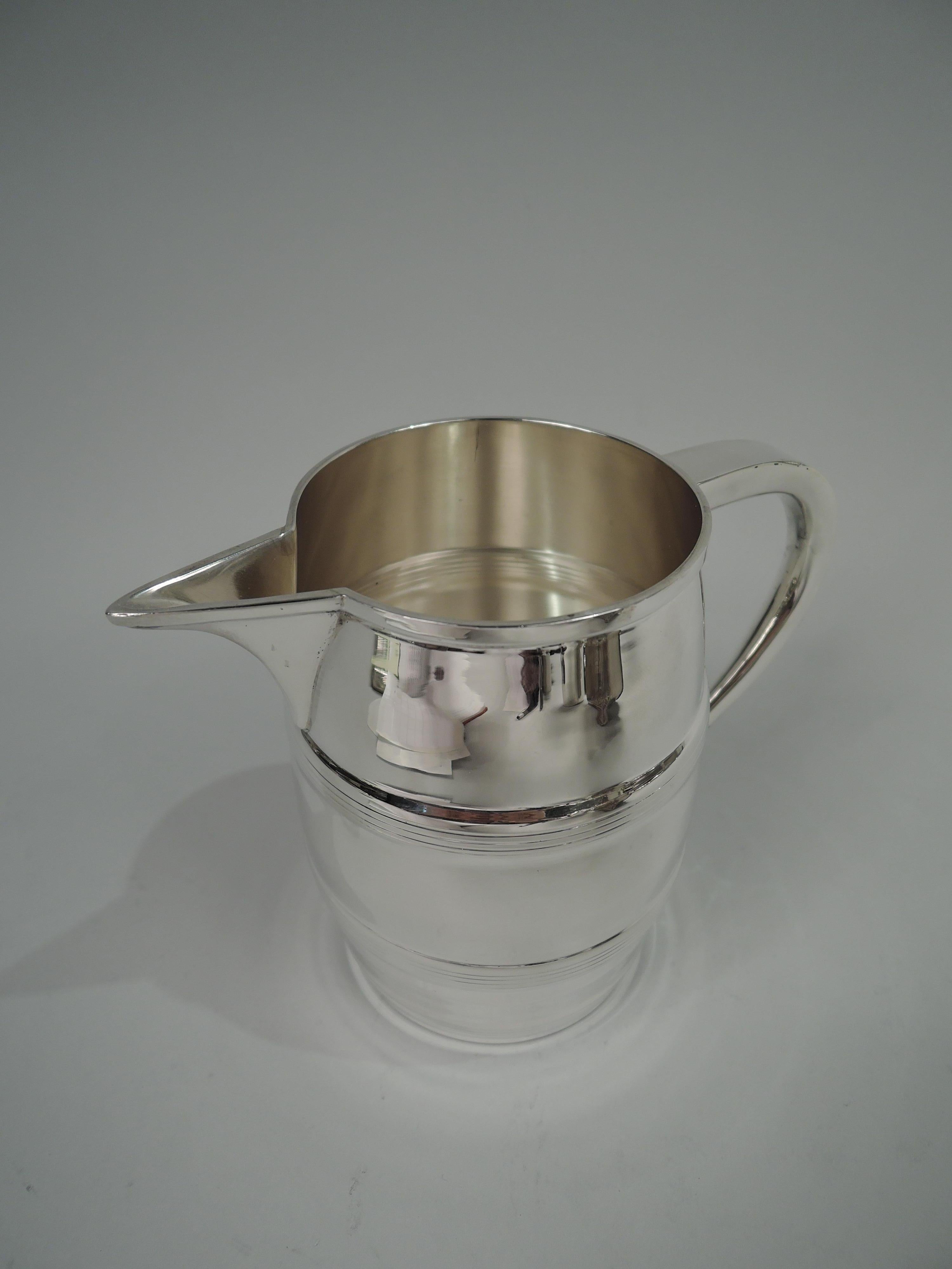 Colonial sterling silver ale pitcher. Made by Old Newbury Crafters in Newburyport, Mass. Curved bowl with reeded staves; c-scroll handle and sharp v-spout. For serving ye olde fermented refreshment. Fully marked including maker’s and craftsman’s