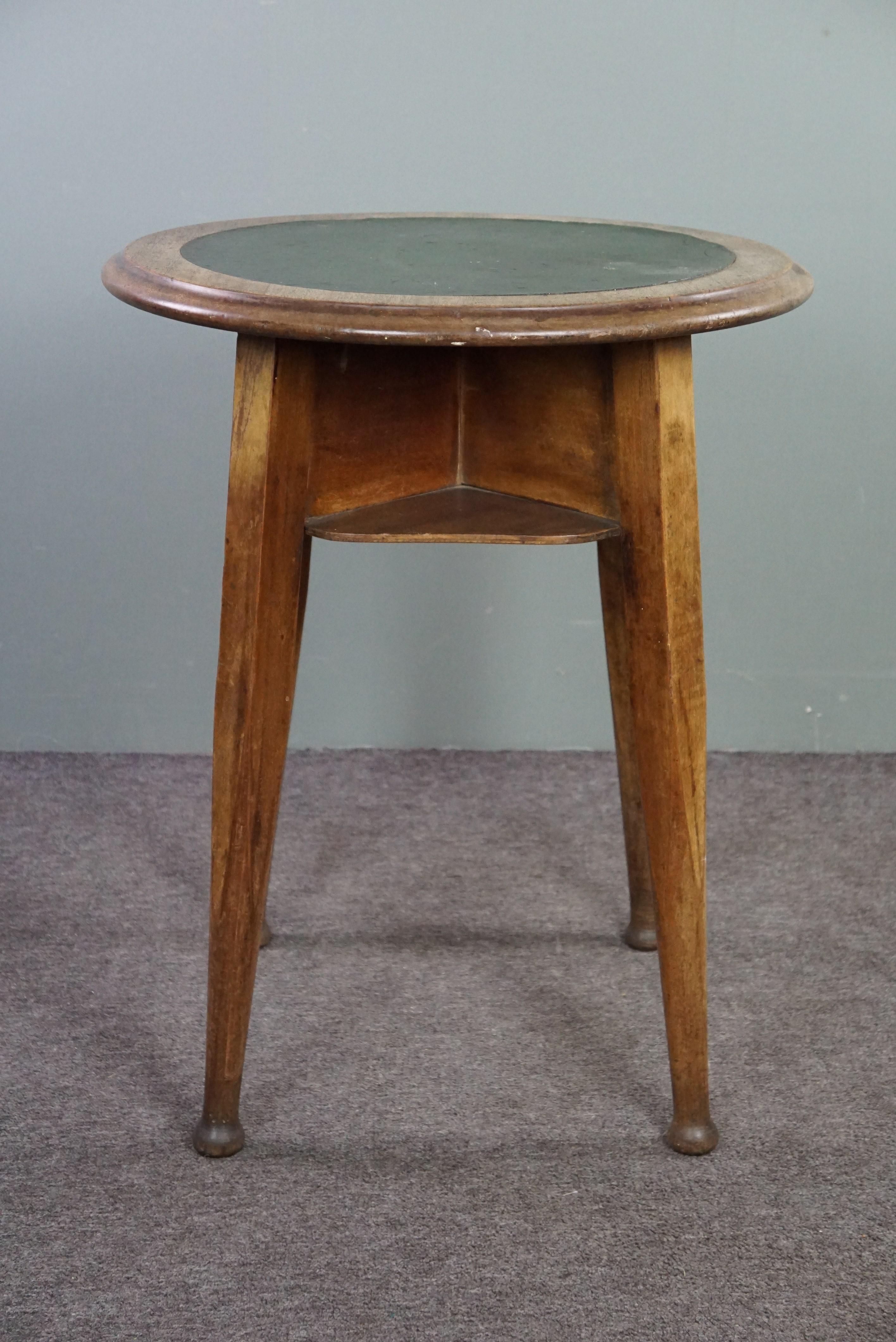 Art Nouveau Old oak side table with green top For Sale