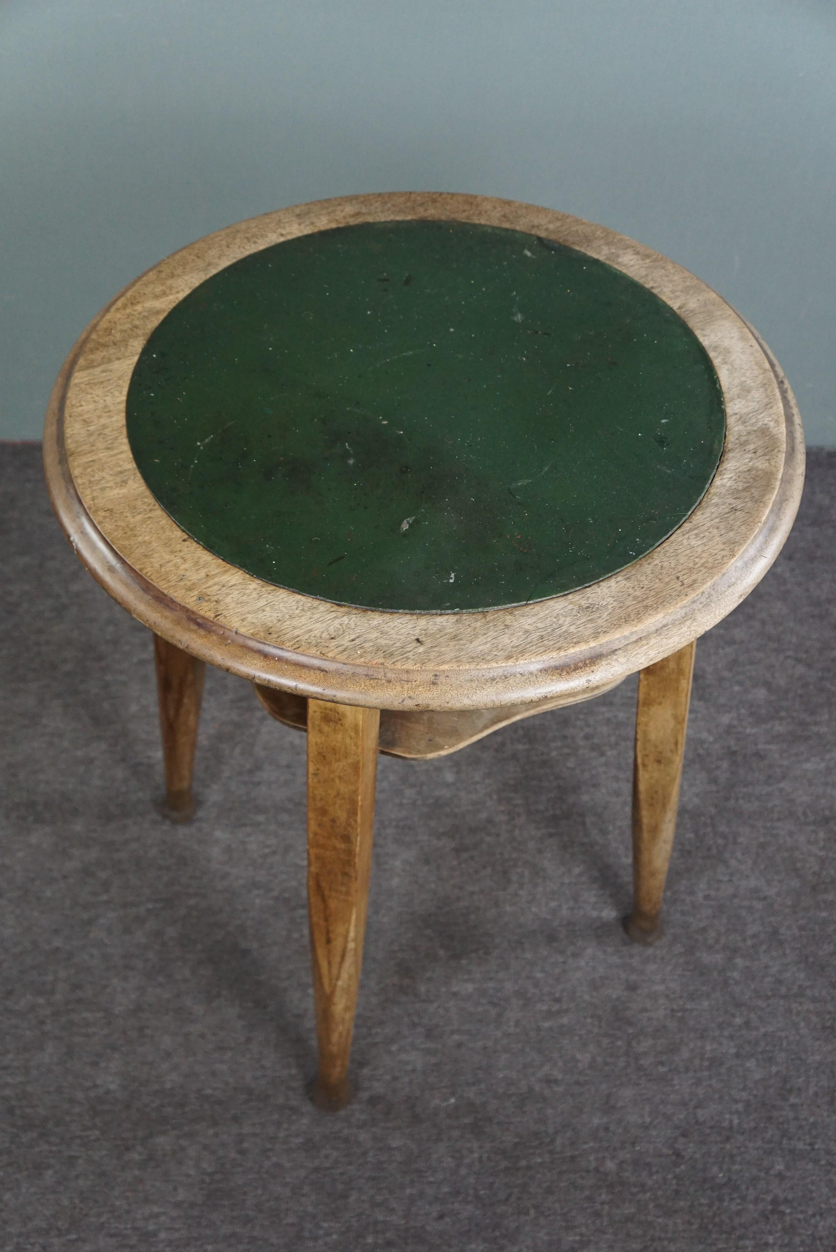 Hand-Crafted Old oak side table with green top For Sale