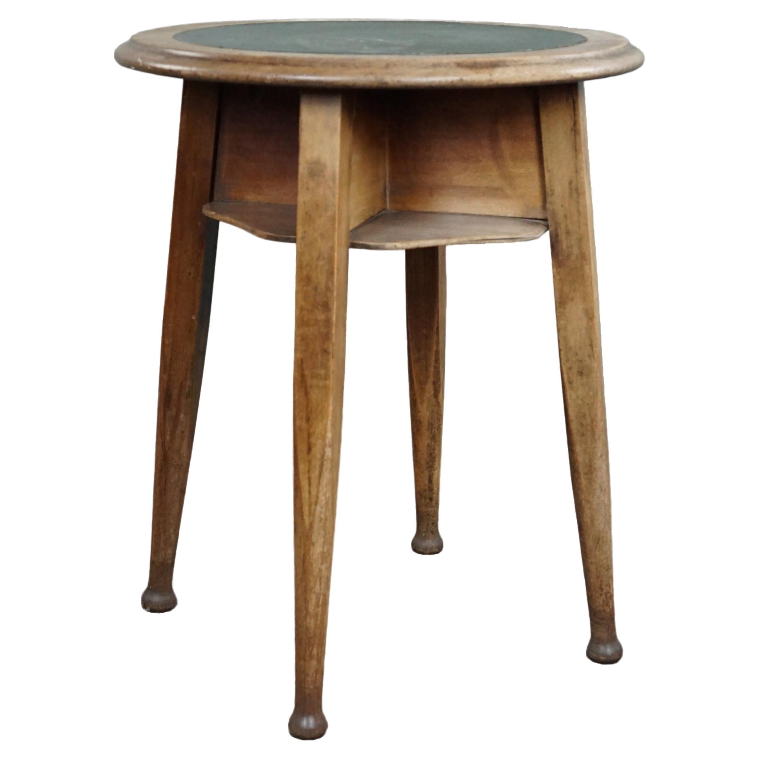 Old oak side table with green top For Sale