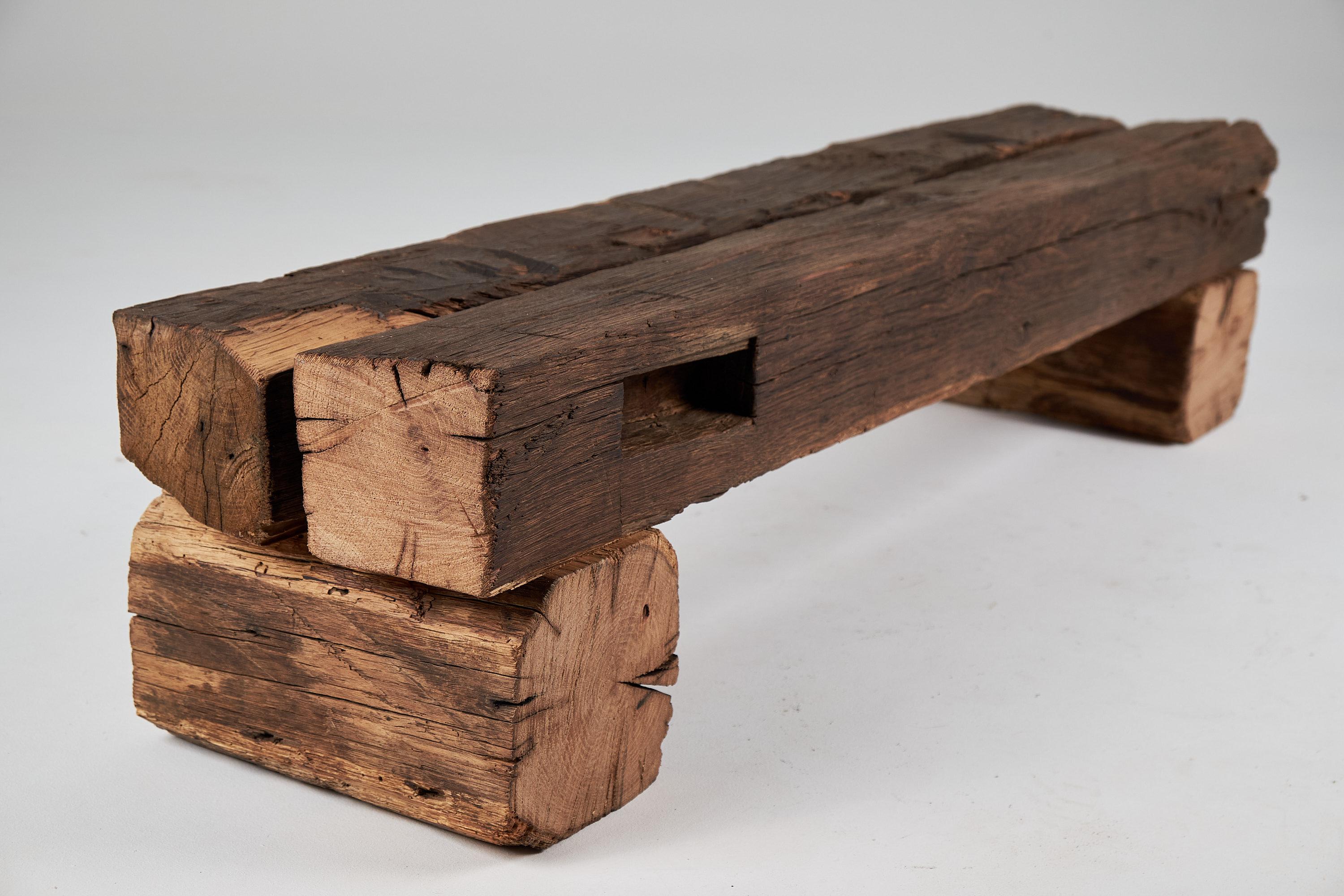 Old Oak Wood Beams Brutalist Bench, Outdoor & Indoor, Natural and Eco Friendly For Sale 7