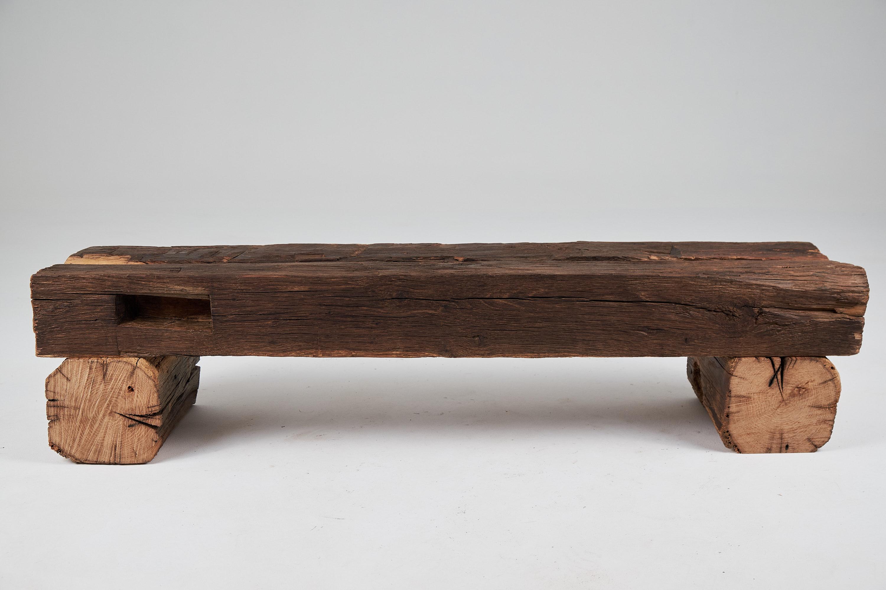 Old Oak Wood Beams Brutalist Bench, Outdoor & Indoor, Natural and Eco Friendly For Sale 8