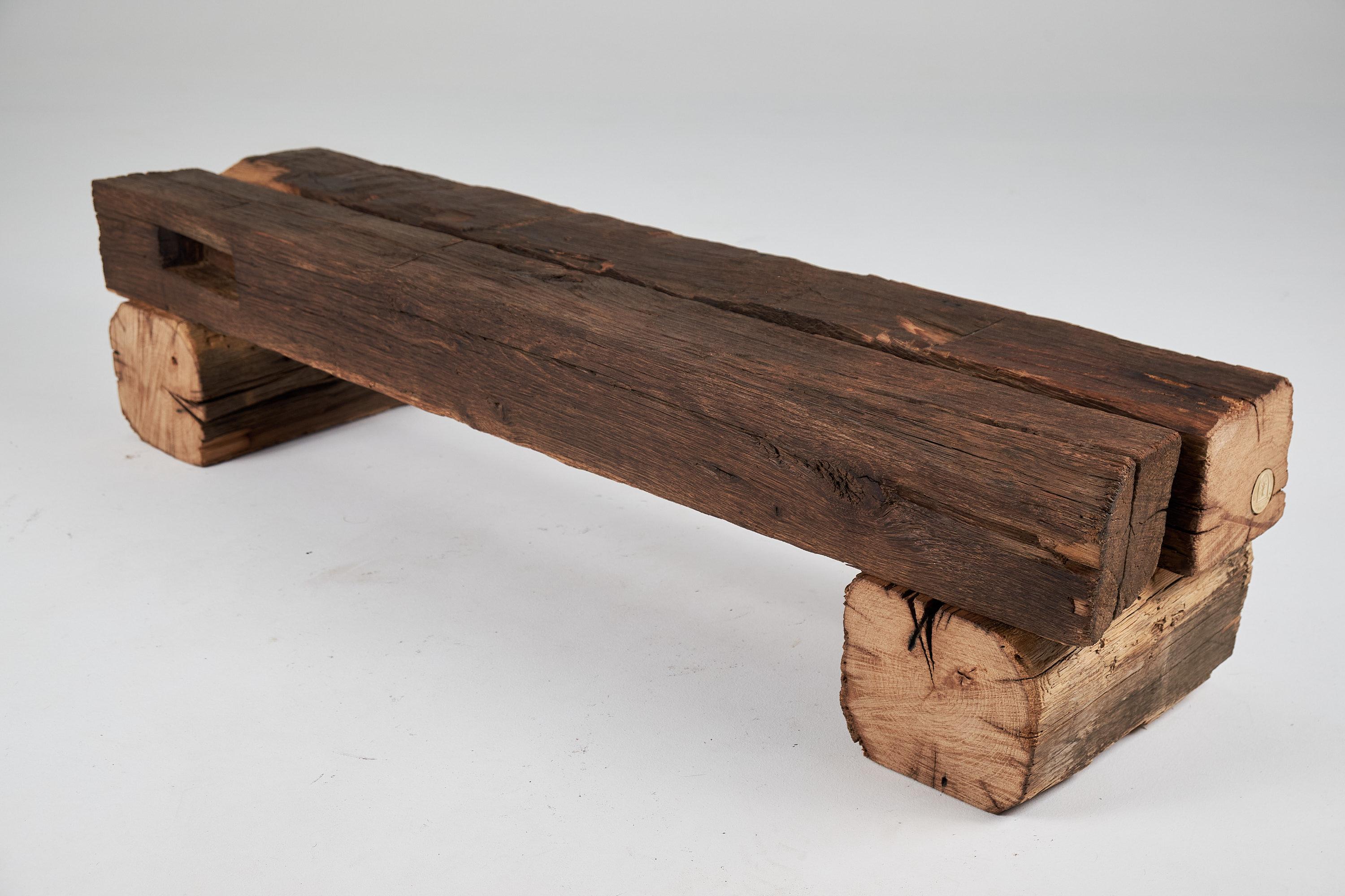 Old Oak Wood Beams Brutalist Bench, Outdoor & Indoor, Natural and Eco Friendly For Sale 12