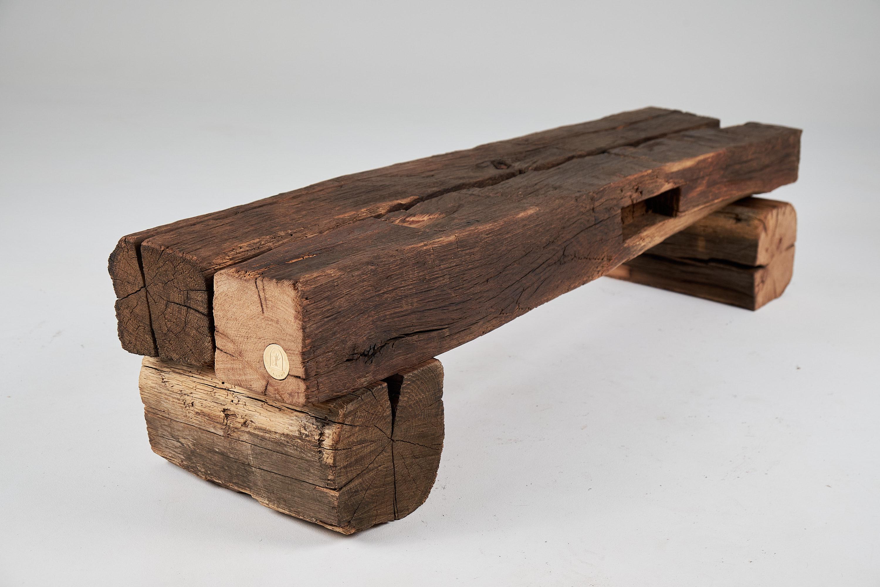 Old Oak Wood Beams Brutalist Bench, Outdoor & Indoor, Natural and Eco Friendly For Sale 13