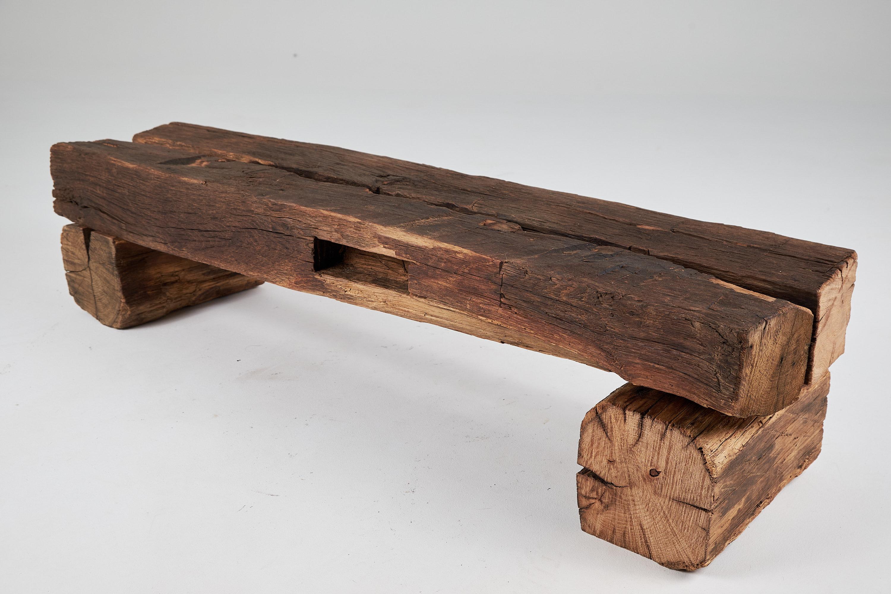 Contemporary Old Oak Wood Beams Brutalist Bench, Outdoor & Indoor, Natural and Eco Friendly For Sale