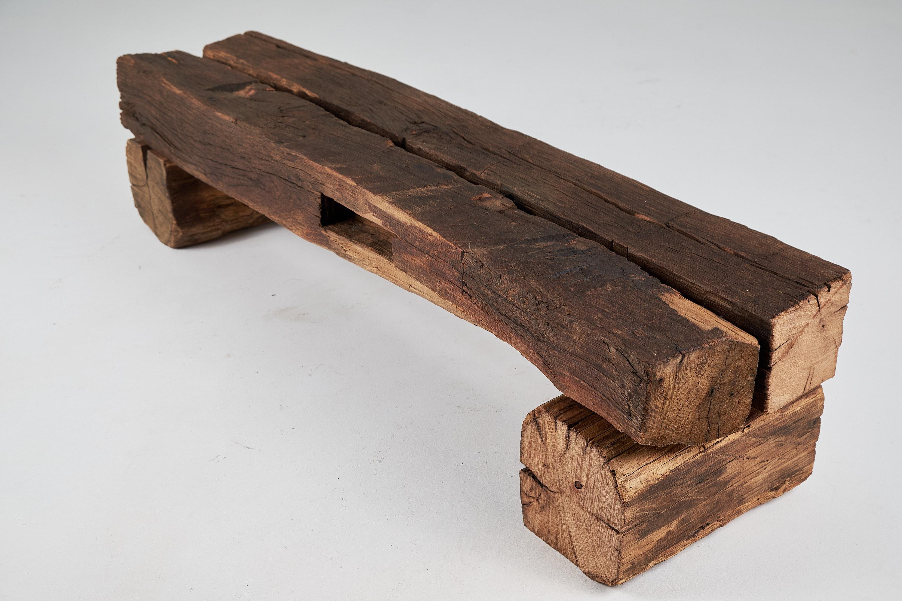 Old Oak Wood Beams Brutalist Bench, Outdoor & Indoor, Natural and Eco Friendly For Sale 1