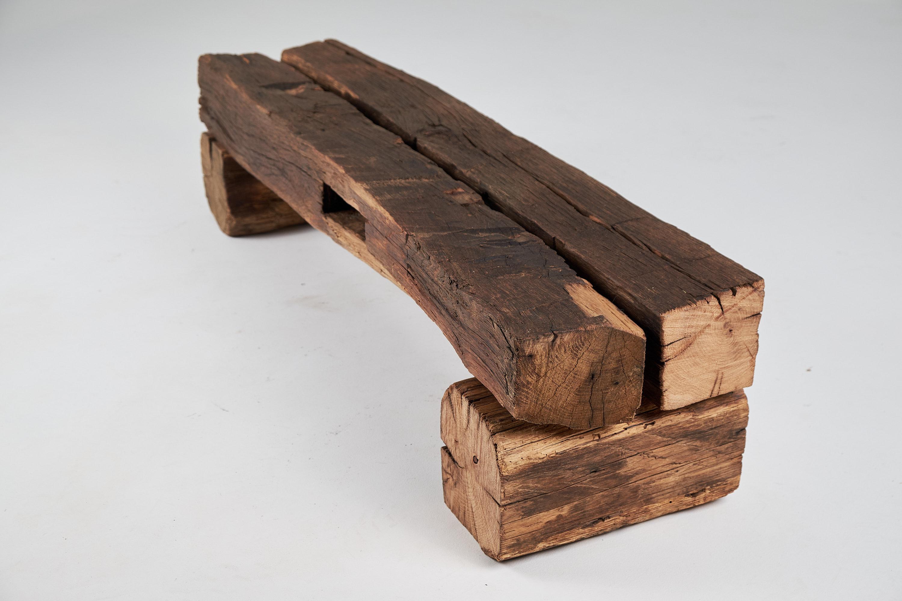 Old Oak Wood Beams Brutalist Bench, Outdoor & Indoor, Natural and Eco Friendly For Sale 2