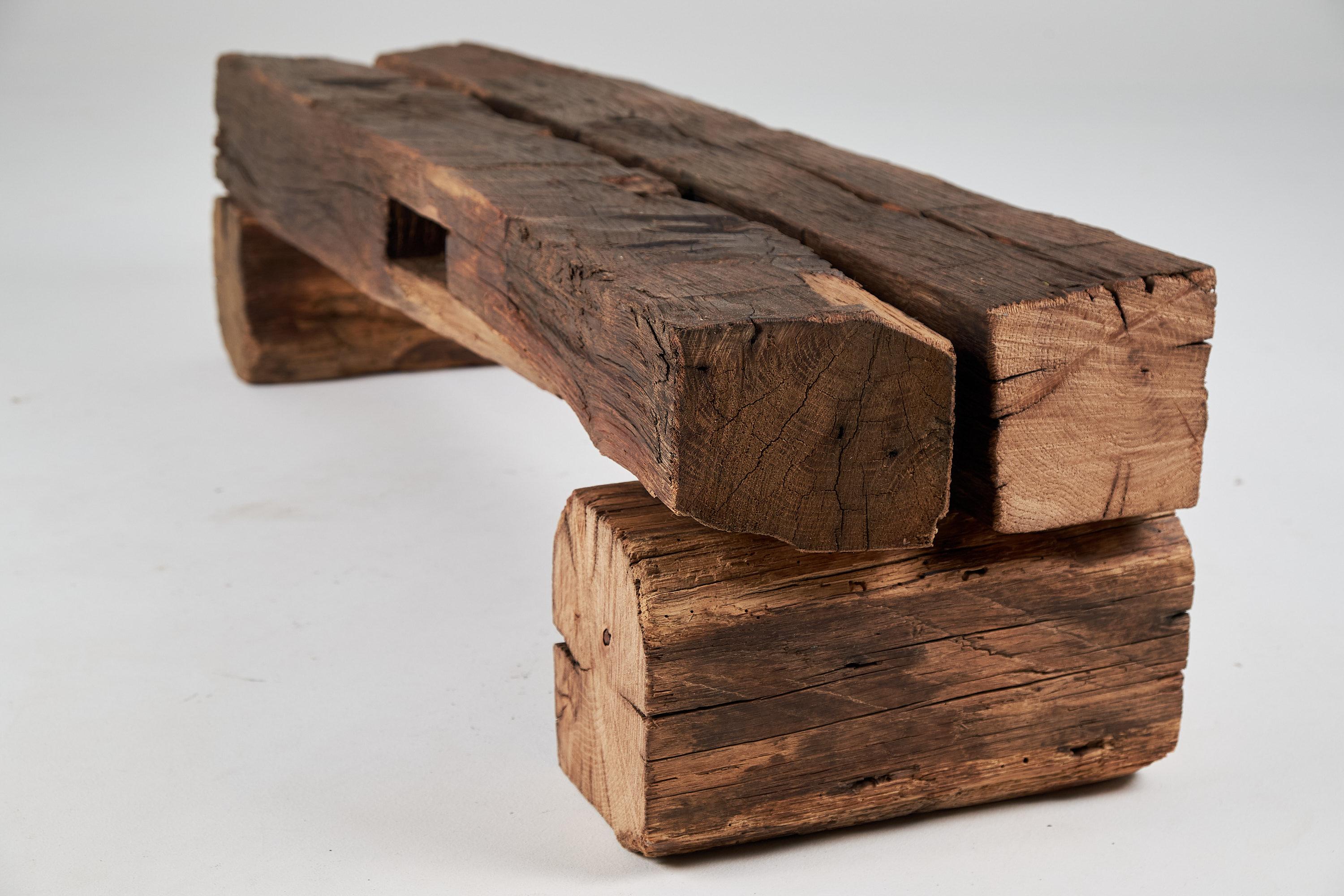 Old Oak Wood Beams Brutalist Bench, Outdoor & Indoor, Natural and Eco Friendly For Sale 3