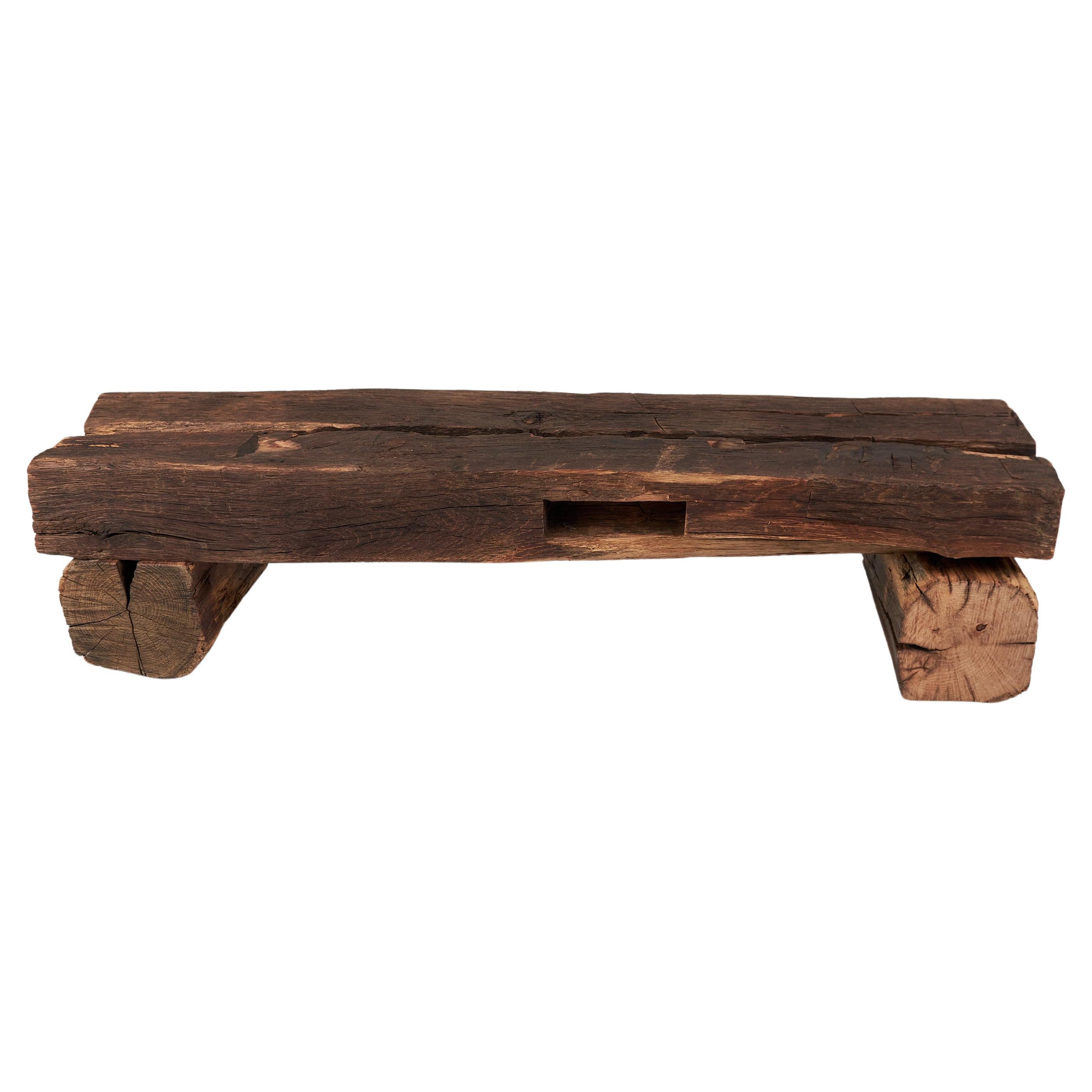 Old Oak Wood Beams Brutalist Bench, Outdoor & Indoor, Natural and Eco Friendly For Sale
