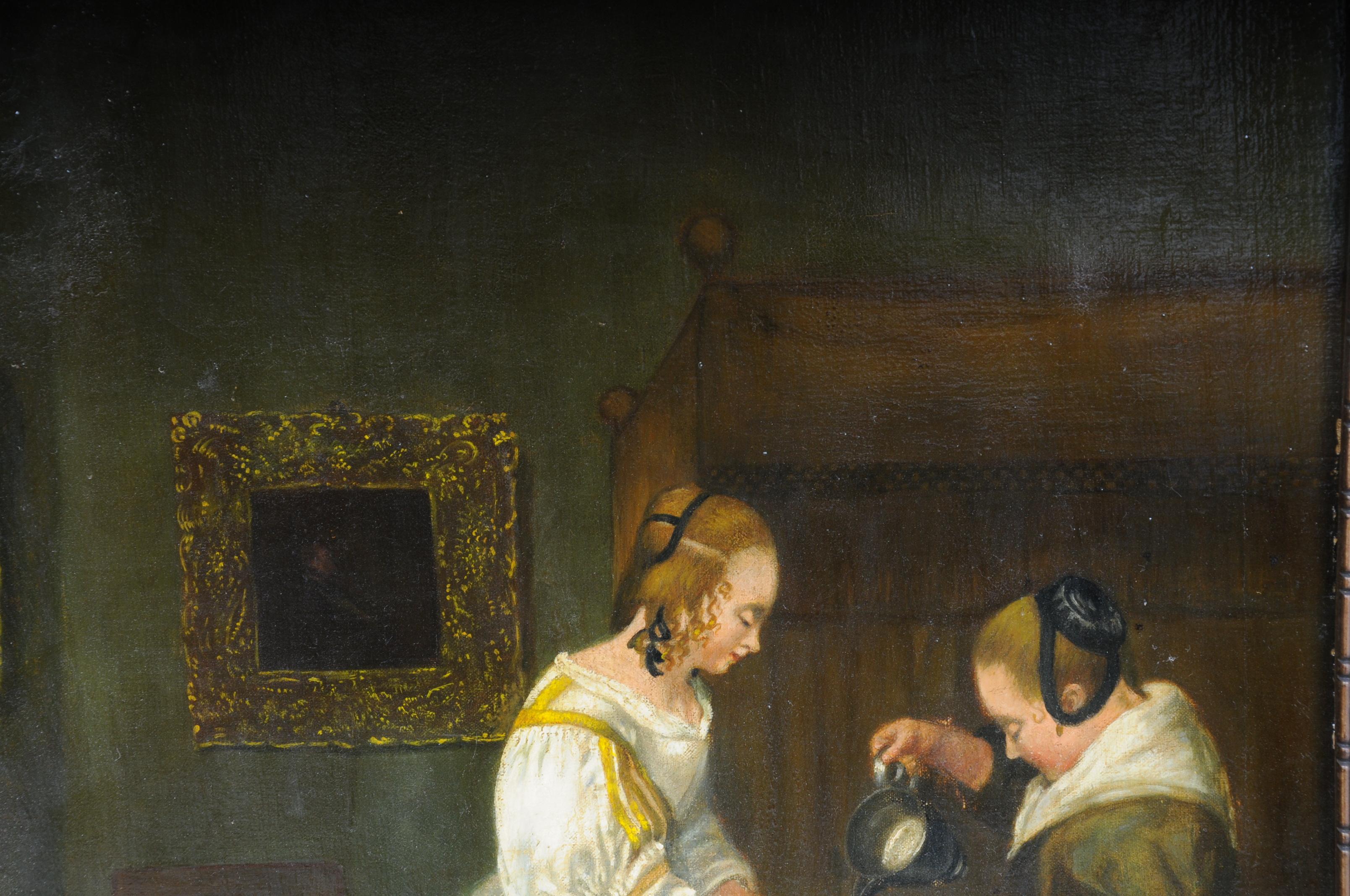 Altes Ölgemälde nach J. Vermeer Manier:: Alter Meister:: um 1900 (Handbemalt) im Angebot