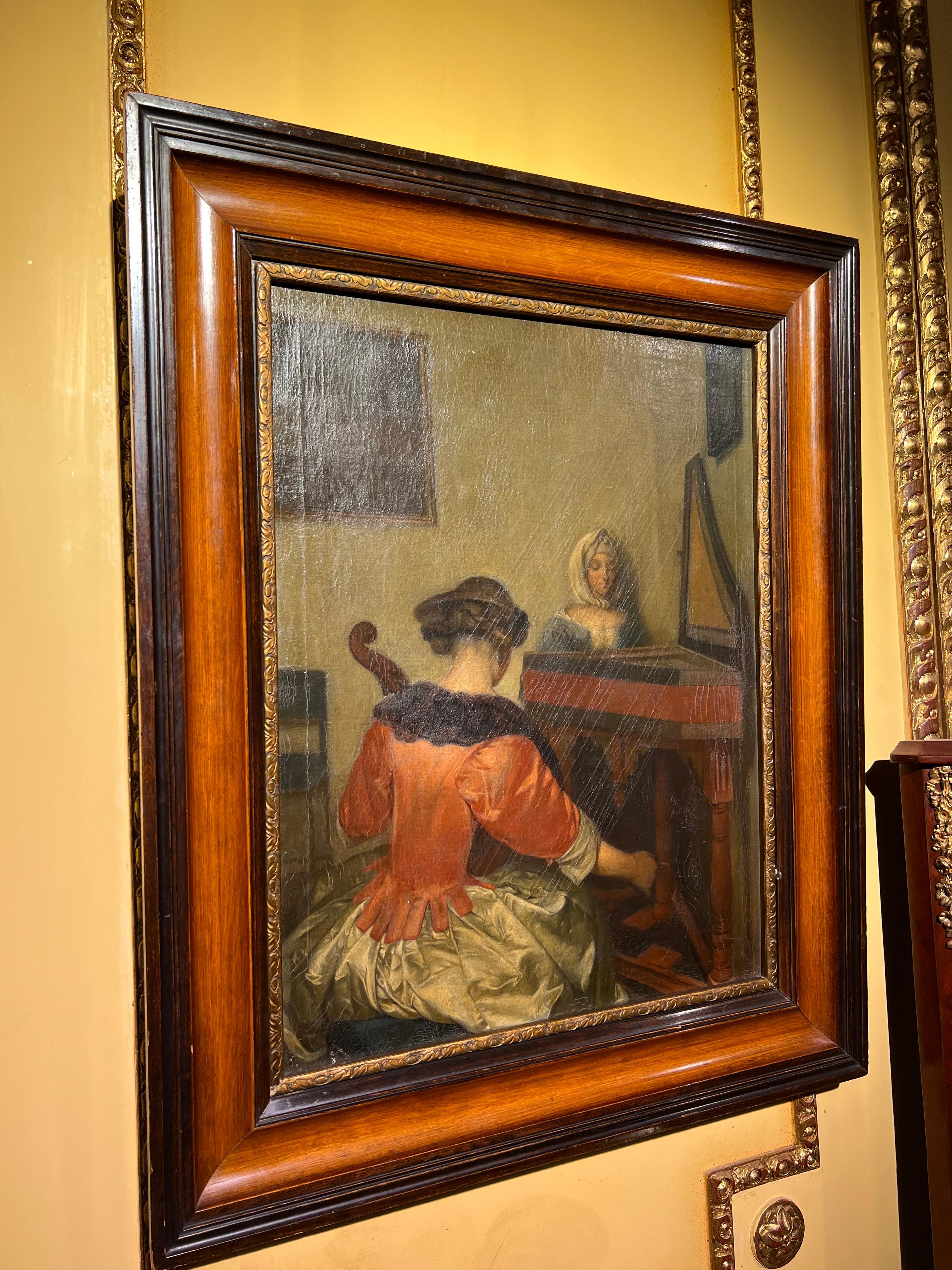 Old oil painting around 1900 on canvas.
Anonymous painter allegory of music with 2 girls sitting at the Cello and piano.