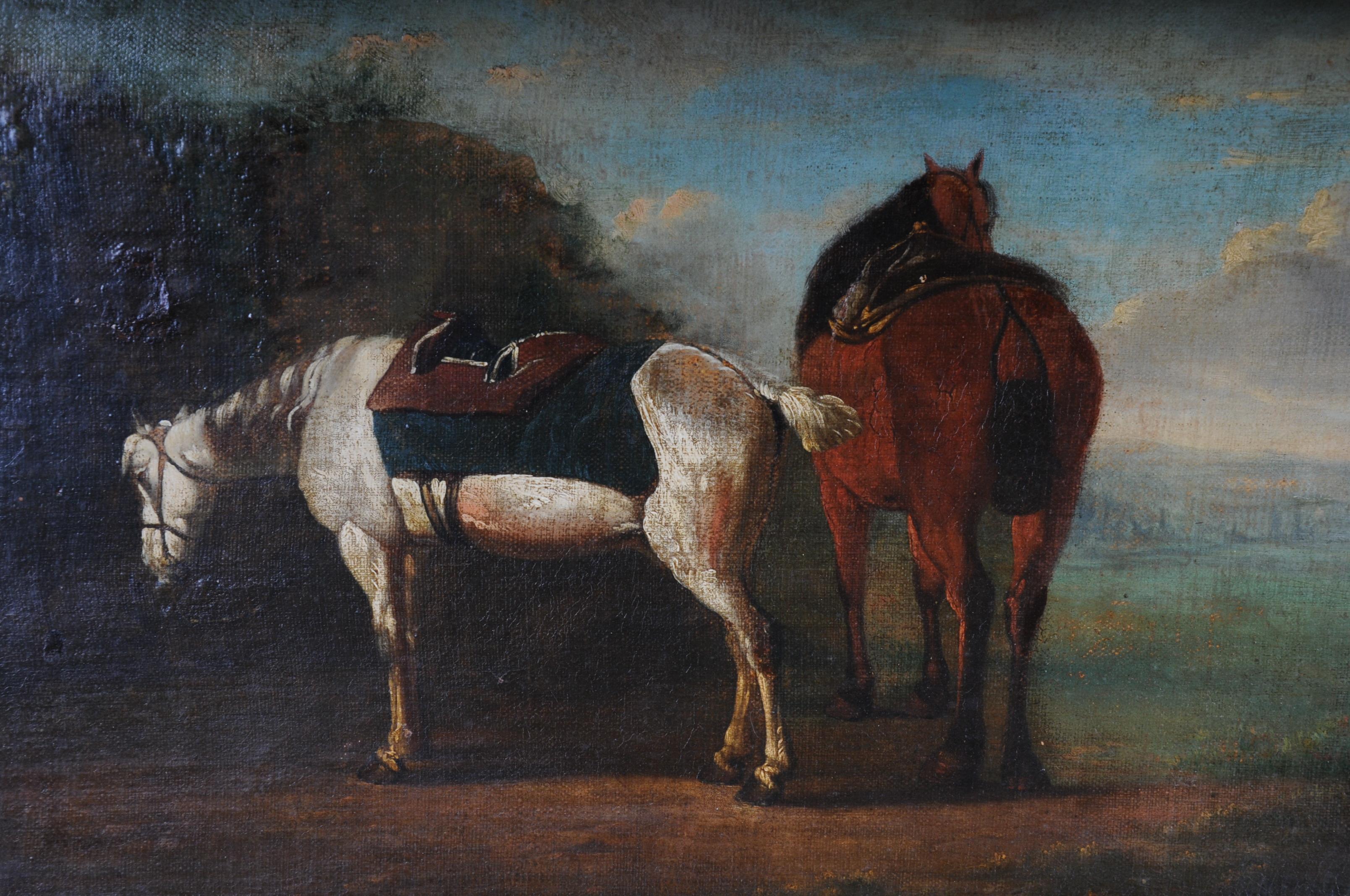 Old Oil Painting Illustration 2 Horses on the Landscape For Sale 3