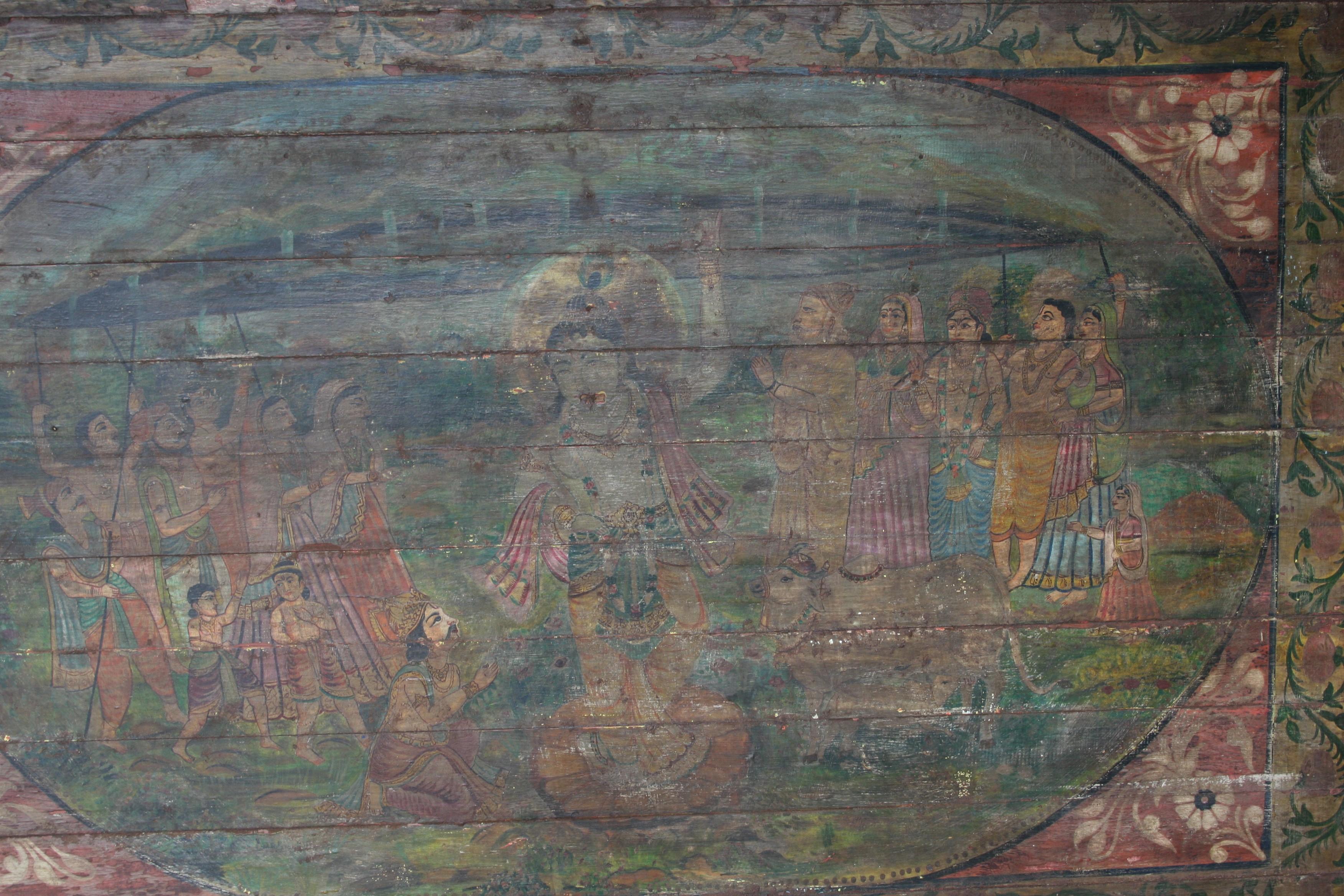 Anglo Raj Old Oil Painting on Wooden Board from a Village Temple in Western India For Sale