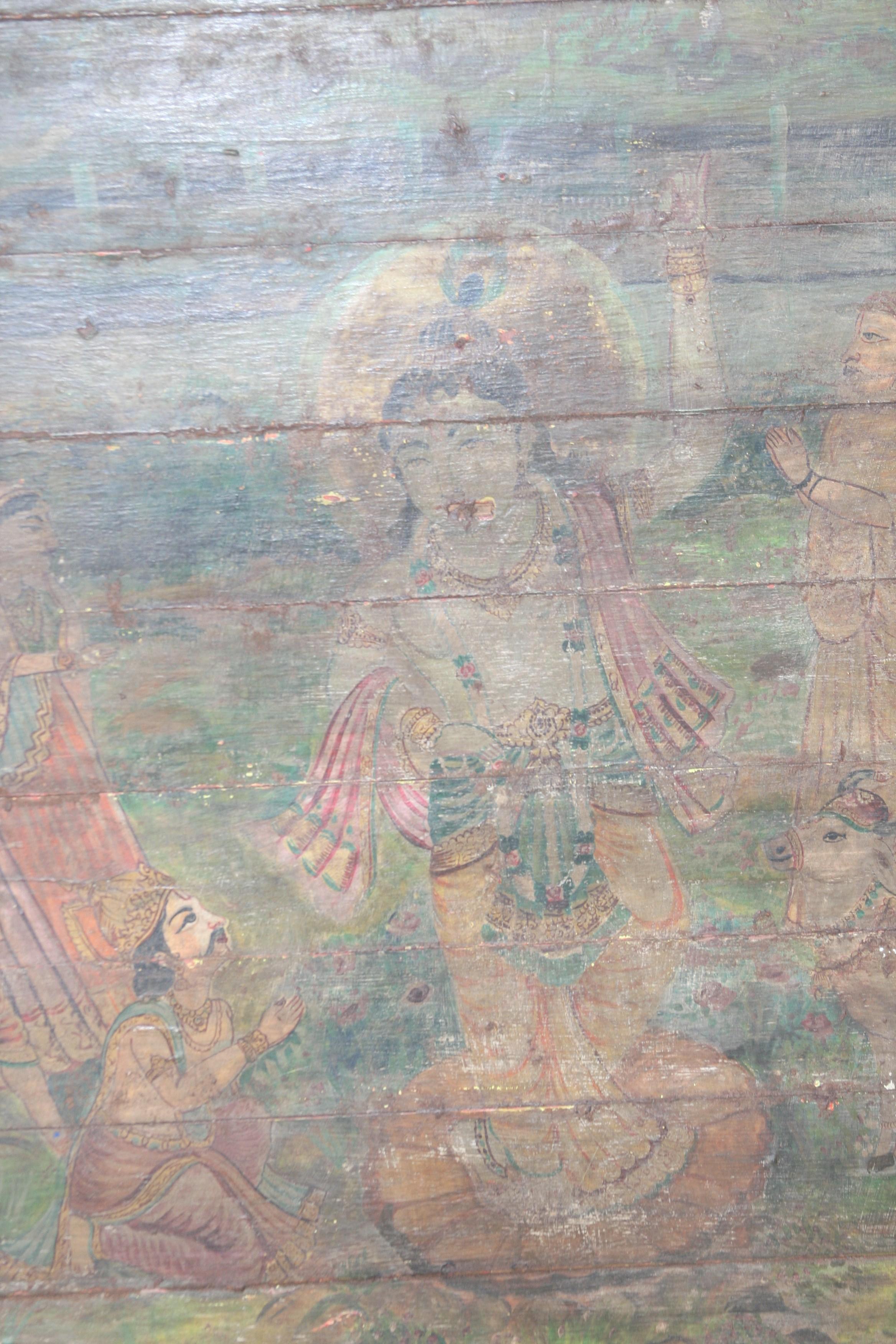 Painted Old Oil Painting on Wooden Board from a Village Temple in Western India For Sale