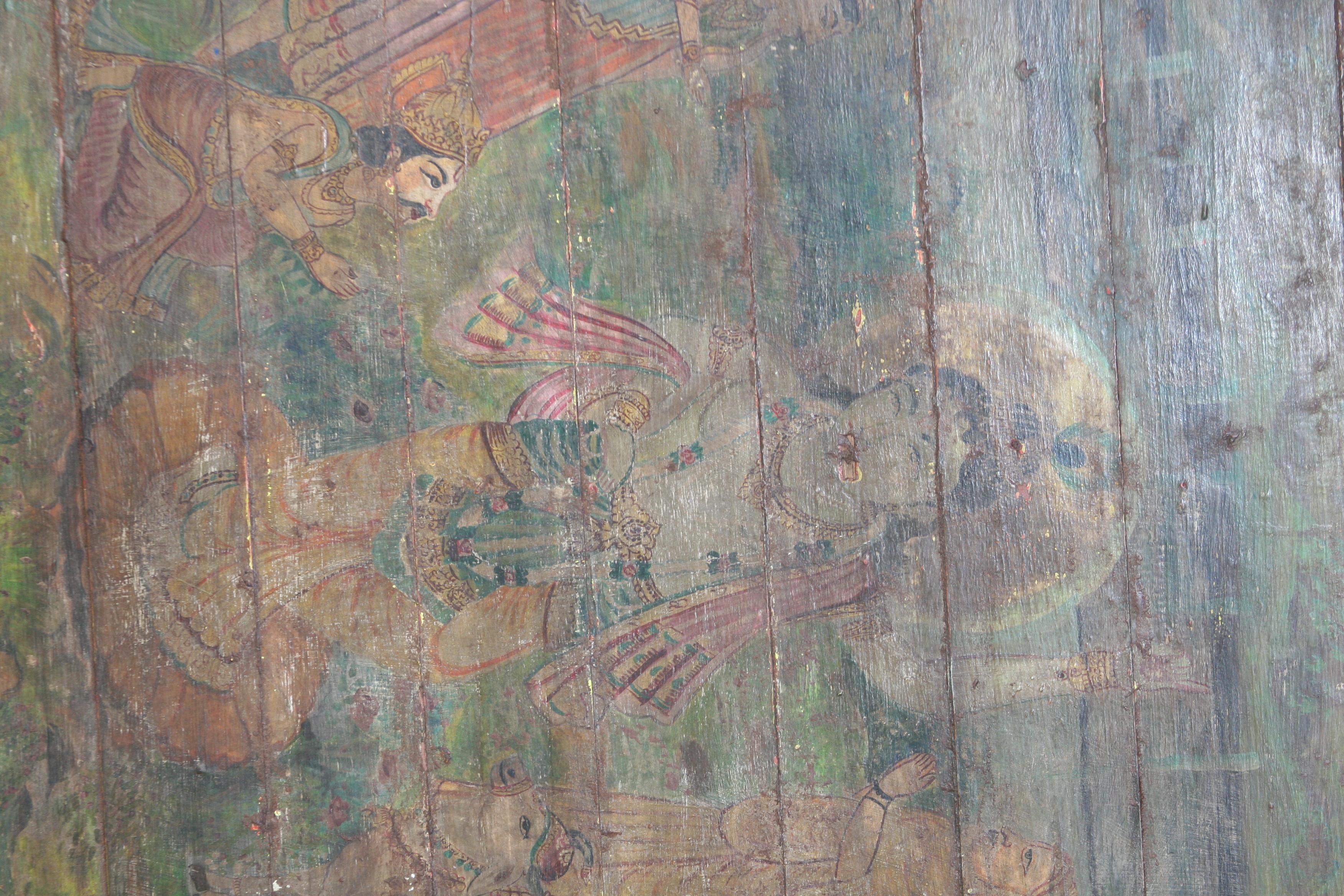 Old Oil Painting on Wooden Board from a Village Temple in Western India In Good Condition For Sale In Houston, TX