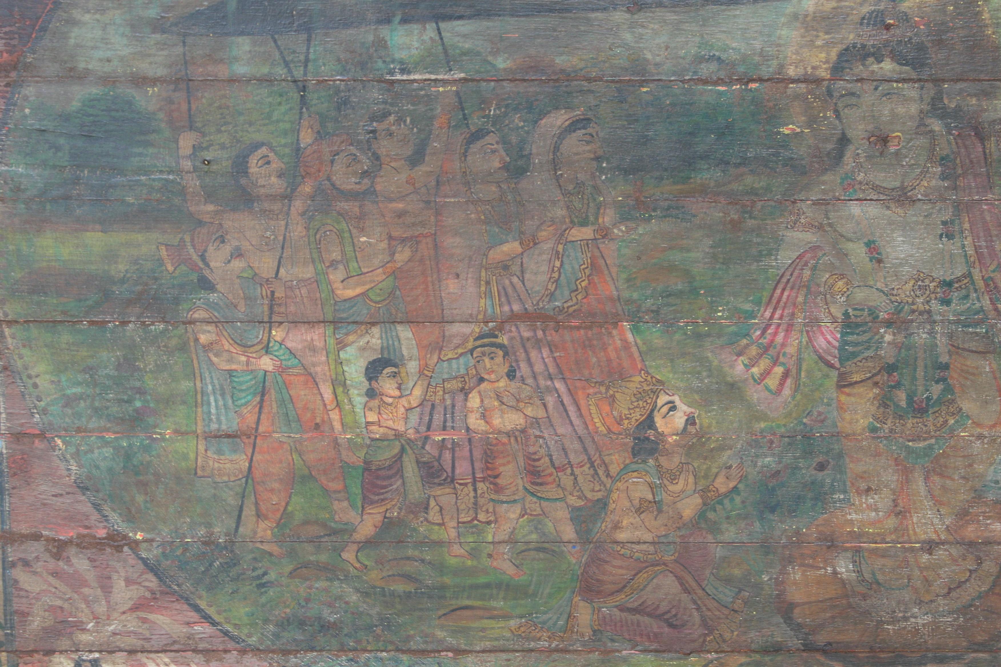 20th Century Old Oil Painting on Wooden Board from a Village Temple in Western India For Sale